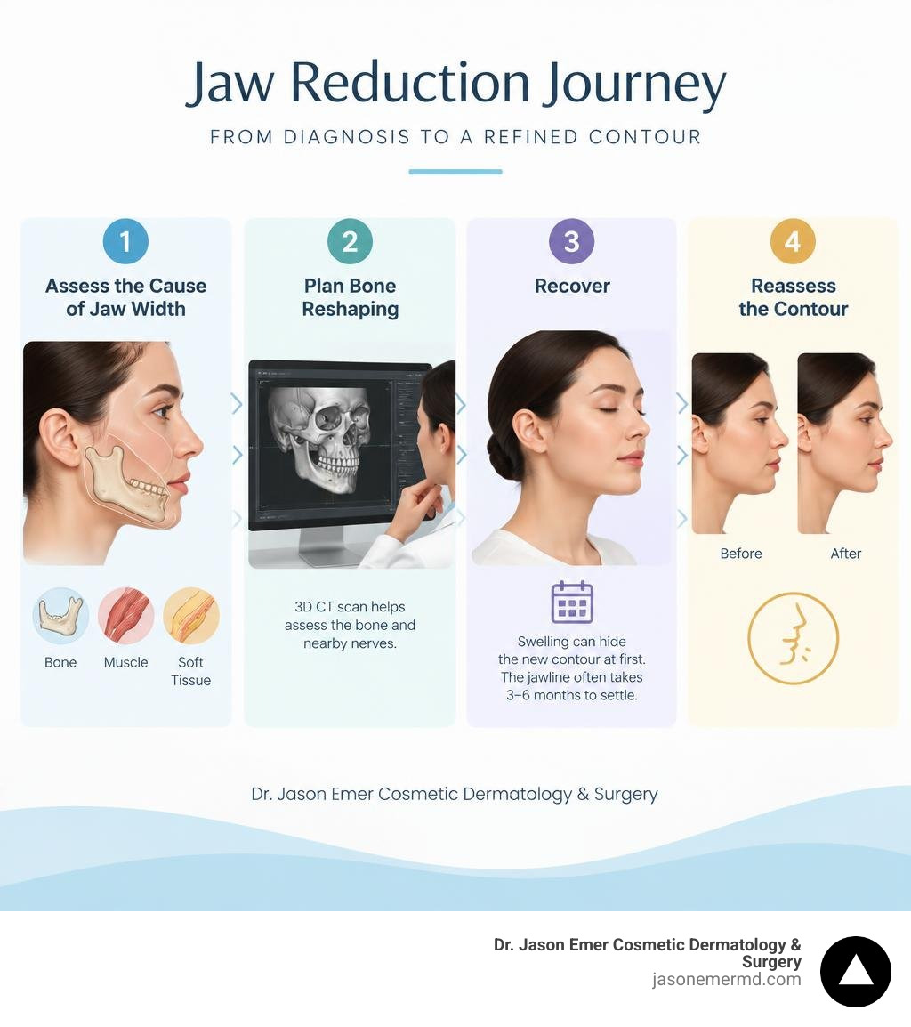 Jaw reduction journey: assess the cause of jaw width, plan bone reshaping, recover, and reassess the contour infographic