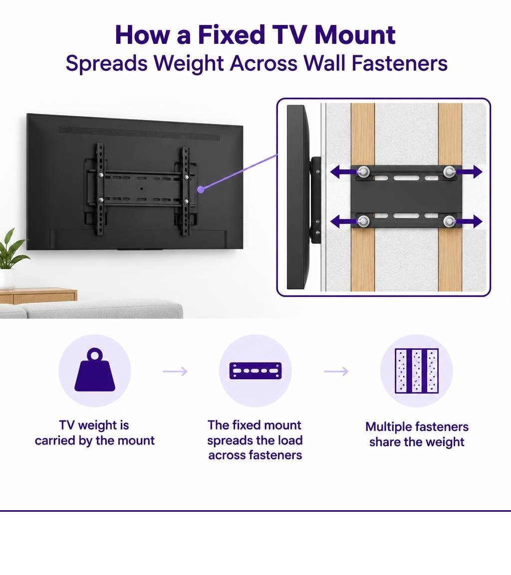 How a fixed TV mount spreads weight across wall fasteners infographic How a fixed TV mount spreads weight across wall fasteners infographic