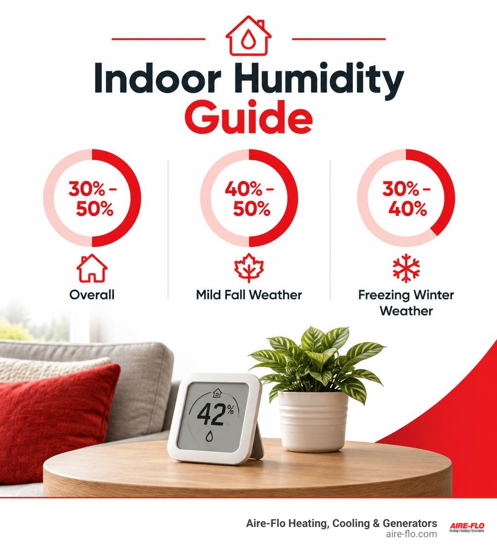 Indoor humidity guide showing 30 to 50 percent overall, 40 to 50 percent in mild fall weather, and 30 to 40 percent in