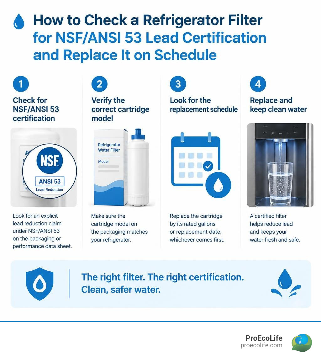 How to check a refrigerator filter for NSF/ANSI 53 lead certification and replace it on schedule infographic How to check a refrigerator filter for NSF/ANSI 53 lead certification and replace it on schedule infographic