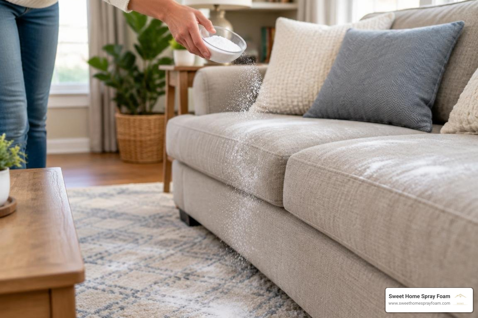 Applying baking soda powder evenly across a living room rug and sofa cushions Applying baking soda powder evenly across a living room rug and sofa cushions
