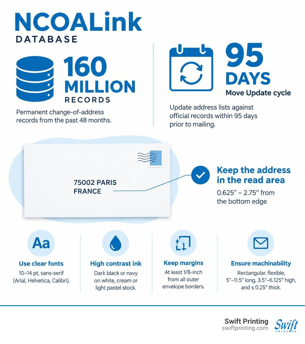 Infographic highlighting the NCOALink database containing 160 million records and 95-day Move Update cycle infographic Infographic highlighting the NCOALink database containing 160 million records and 95-day Move Update cycle infographic