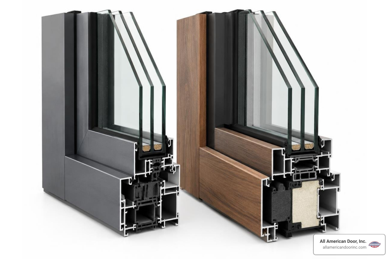 Sleek aluminum and composite door frame cross-sections with insulated glass units Sleek aluminum and composite door frame cross-sections with insulated glass units