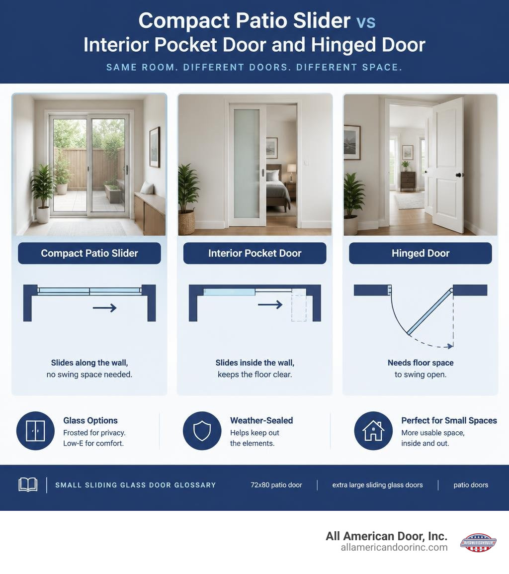 Compact patio slider versus interior pocket door and hinged door swing clearance infographic Compact patio slider versus interior pocket door and hinged door swing clearance infographic