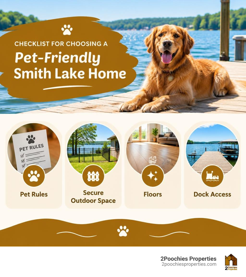 Checklist for choosing a pet-friendly Smith Lake home: pet rules, secure outdoor space, floors, and dock access infographic Checklist for choosing a pet-friendly Smith Lake home: pet rules, secure outdoor space, floors, and dock access infographic