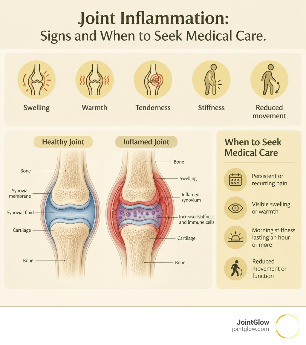 Joint inflammation signs, healthy versus inflamed joint anatomy, and when to seek medical care infographic Joint inflammation signs, healthy versus inflamed joint anatomy, and when to seek medical care infographic