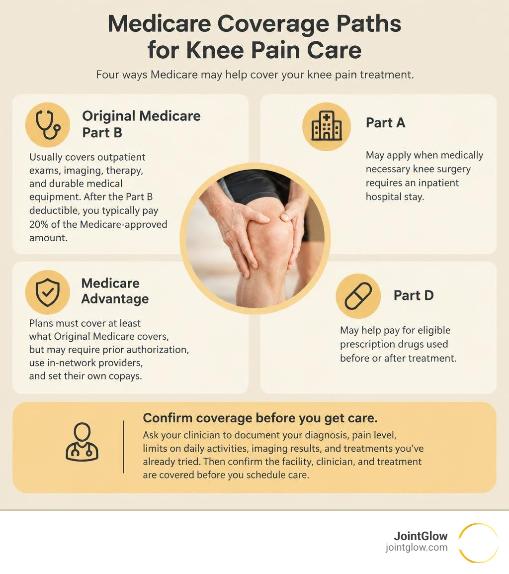 Infographic showing Medicare coverage paths for knee pain care, including Part B, Part A, Medicare Advantage, and Part D