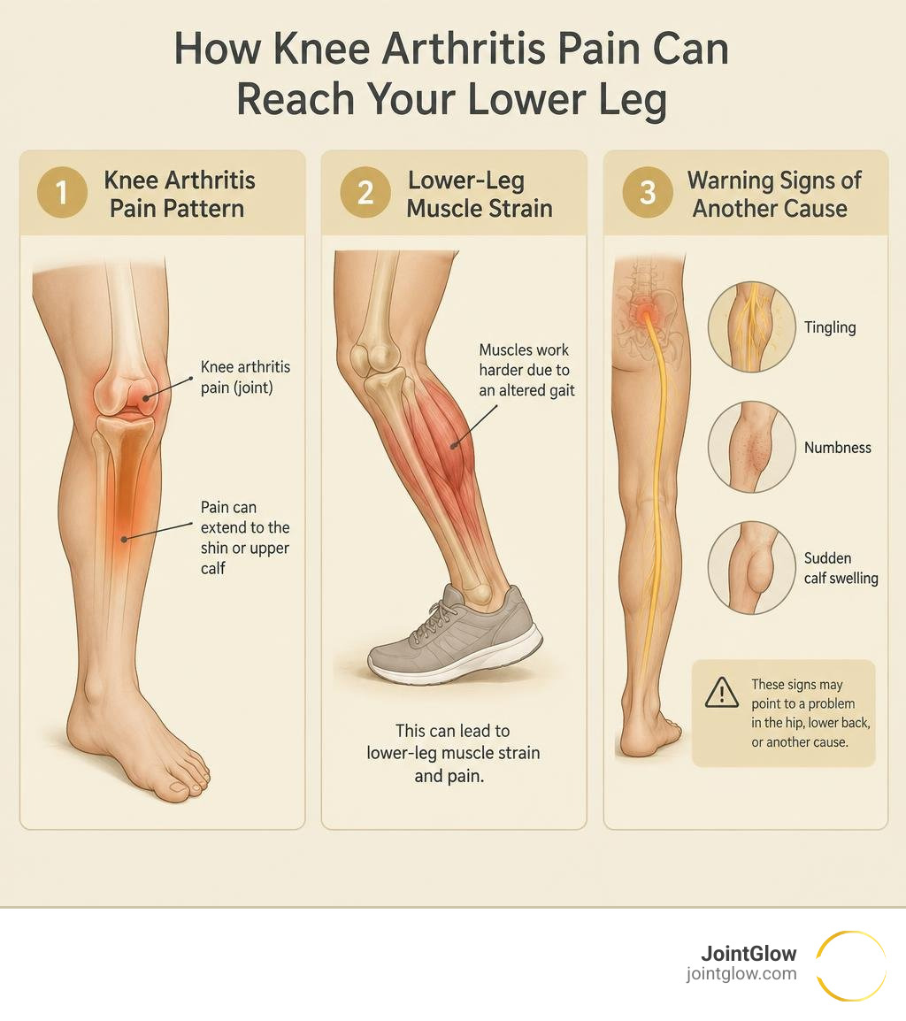 Infographic showing knee arthritis pain reaching the shin or calf, lower-leg muscle strain, and warning signs that may