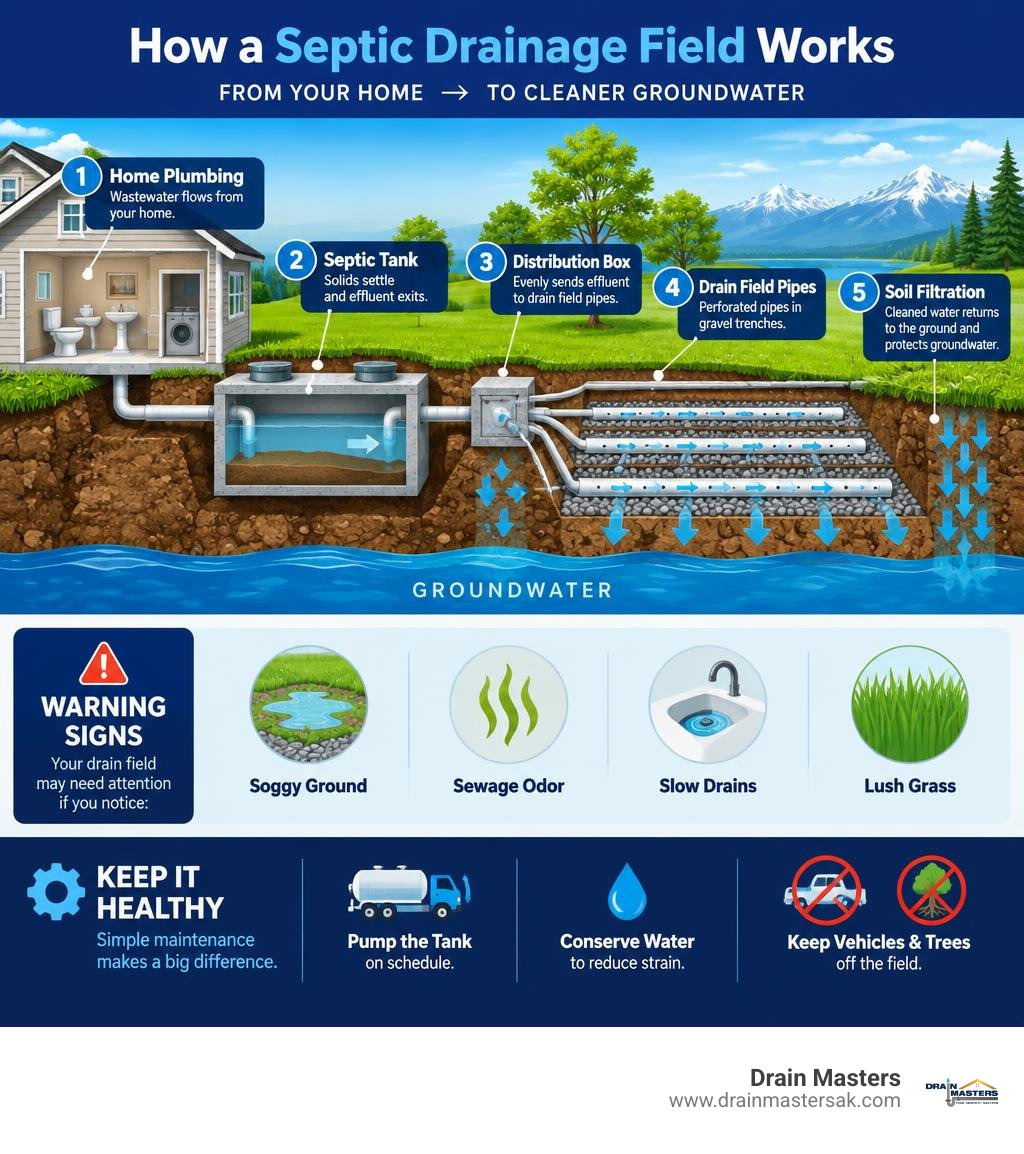 Colorful septic drainage field infographic showing wastewater flow from a home through a septic tank, distribution box Colorful septic drainage field infographic showing wastewater flow from a home through a septic tank, distribution box