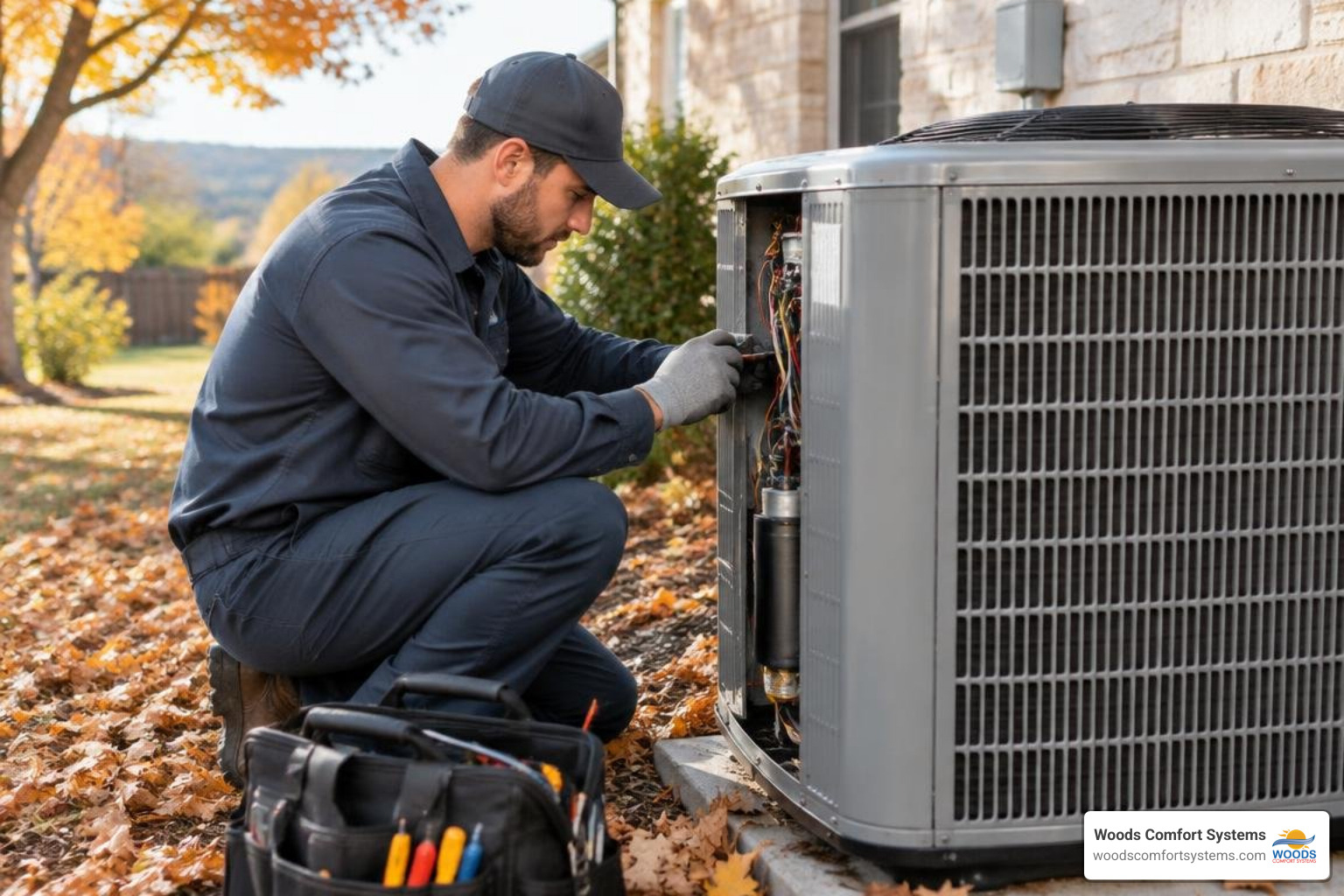 HVAC technician performing fall heating maintenance at a San Marcos home HVAC technician performing fall heating maintenance at a San Marcos home