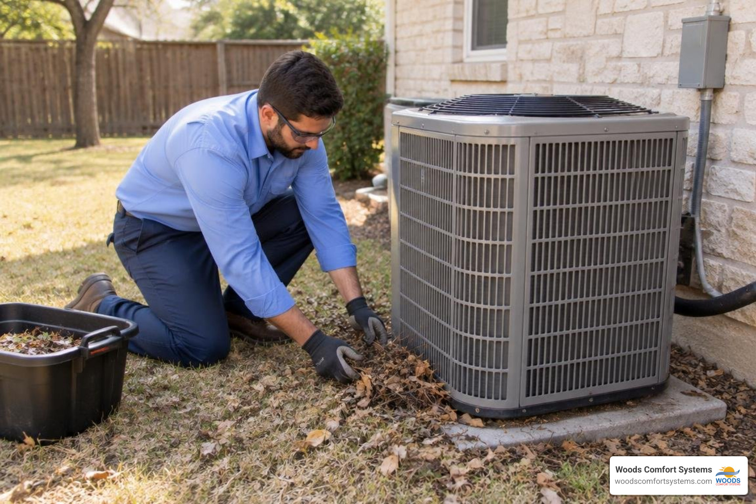 Technician clearing debris around an outdoor AC condenser Technician clearing debris around an outdoor AC condenser