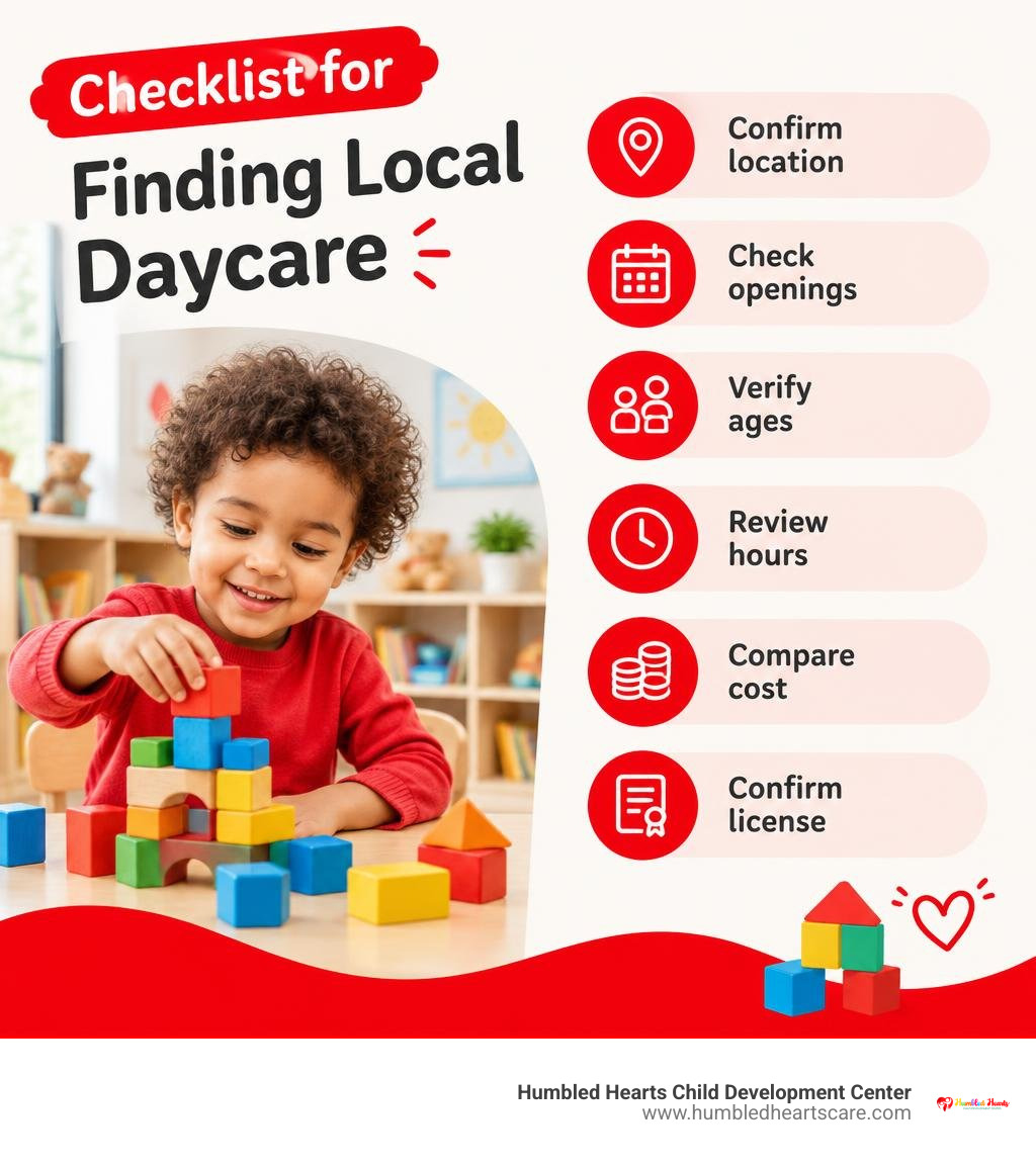 Checklist for finding local daycare: confirm location, openings, ages, hours, cost, and license infographic Checklist for finding local daycare: confirm location, openings, ages, hours, cost, and license infographic