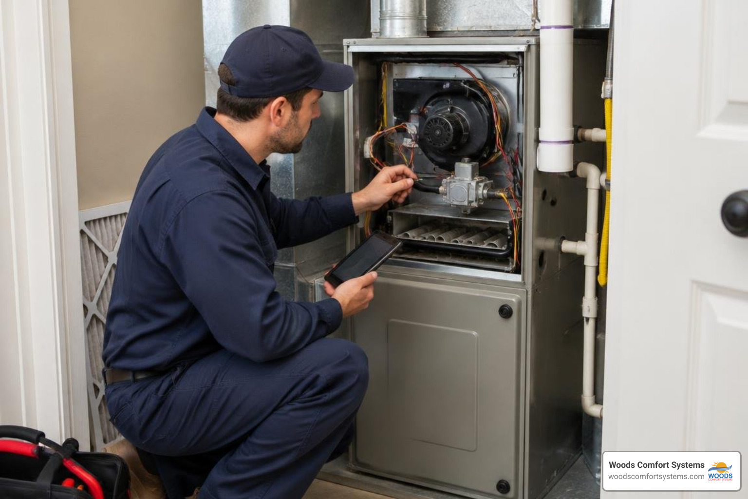 Technician inspecting a gas furnace during a pre-winter heating system inspection in San Marcos