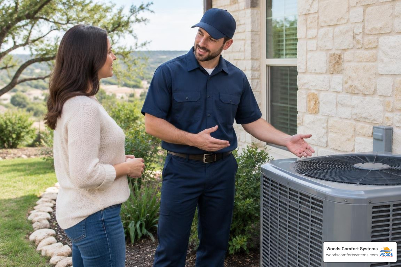 HVAC technician explaining service options to a homeowner in San Marcos HVAC technician explaining service options to a homeowner in San Marcos
