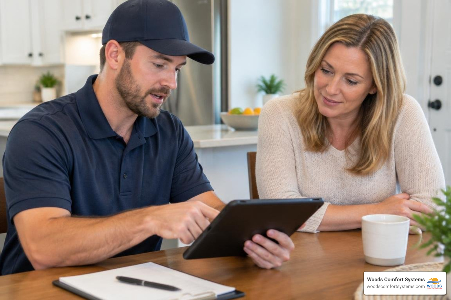 Technician reviewing a written HVAC estimate with a San Marcos homeowner Technician reviewing a written HVAC estimate with a San Marcos homeowner