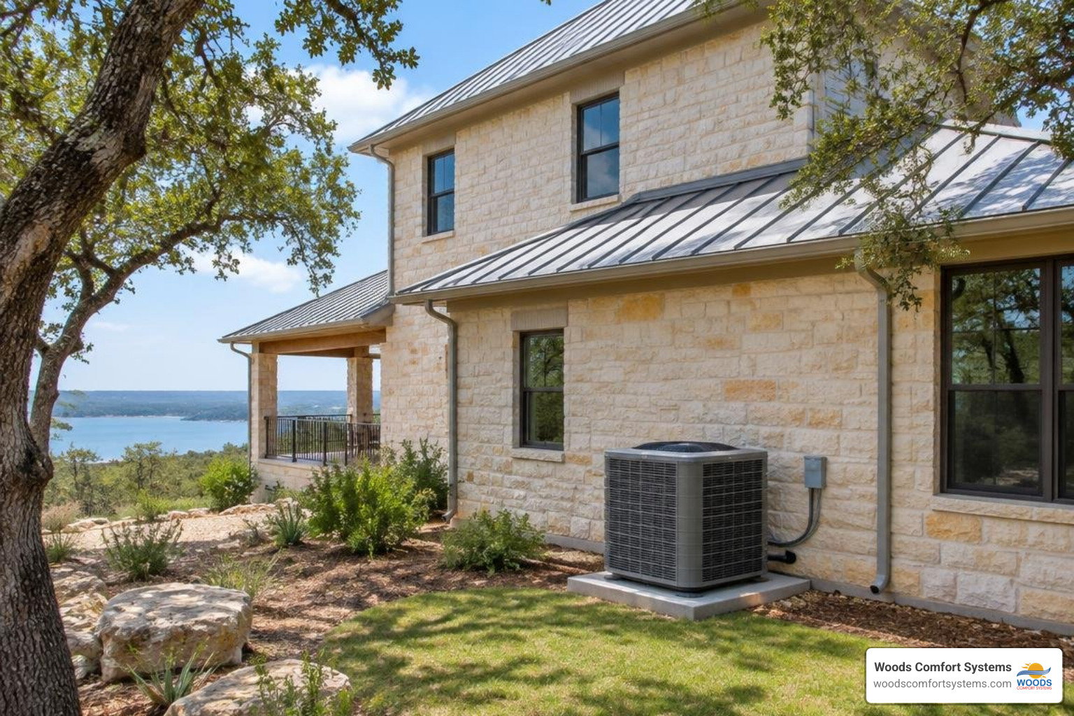Central AC condenser beside a Hill Country home near Canyon Lake, Texas Central AC condenser beside a Hill Country home near Canyon Lake, Texas