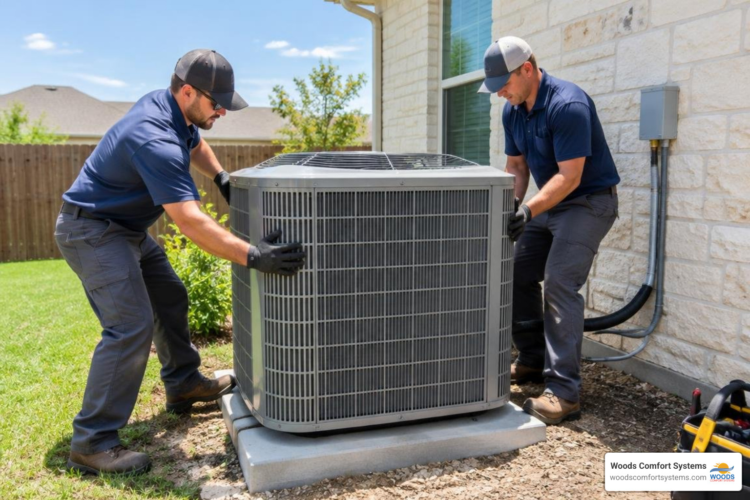Installers placing a new central AC condenser at a Central Texas home Installers placing a new central AC condenser at a Central Texas home