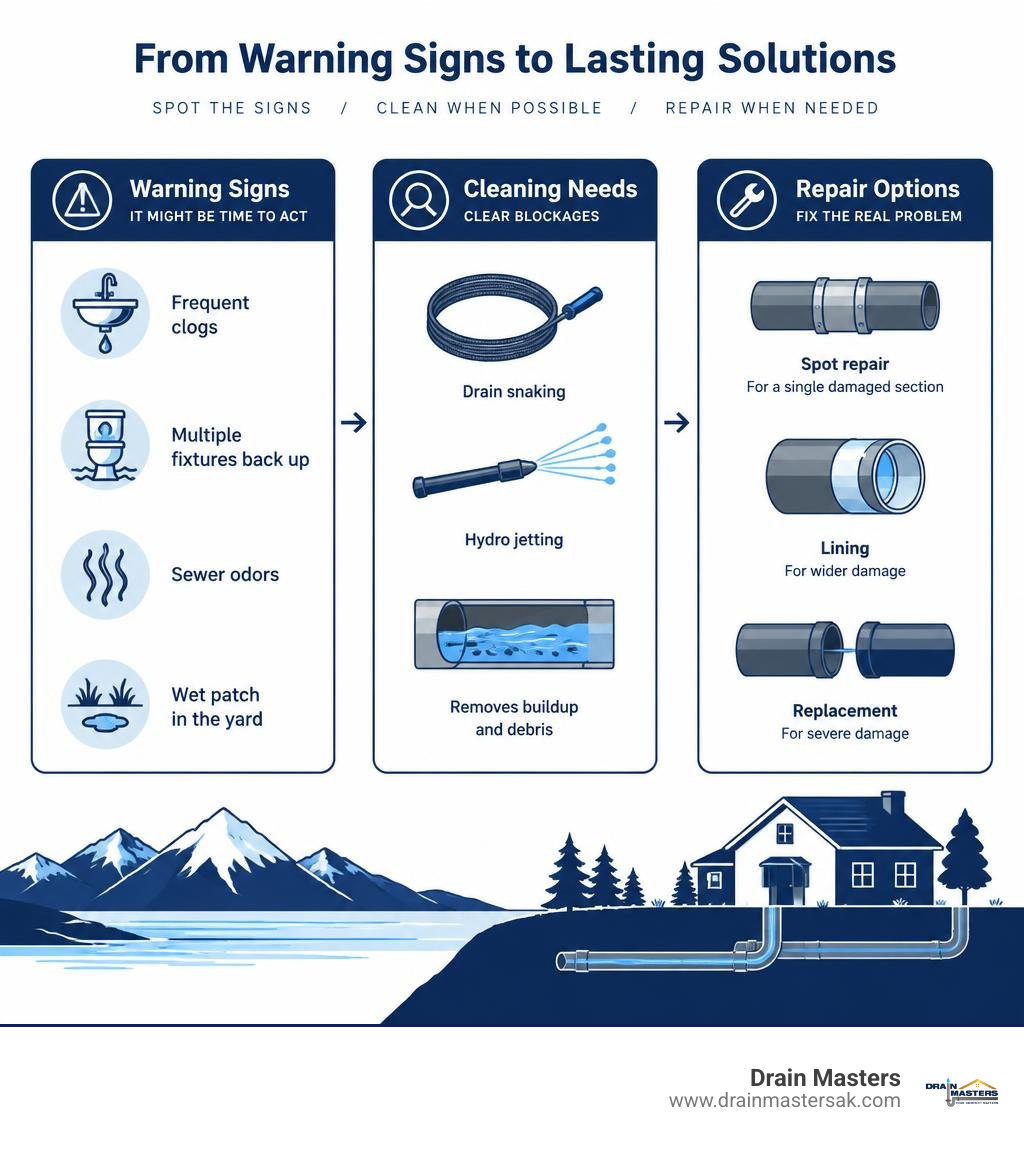Infographic comparing drain warning signs, cleaning needs, and repair options infographic Infographic comparing drain warning signs, cleaning needs, and repair options infographic