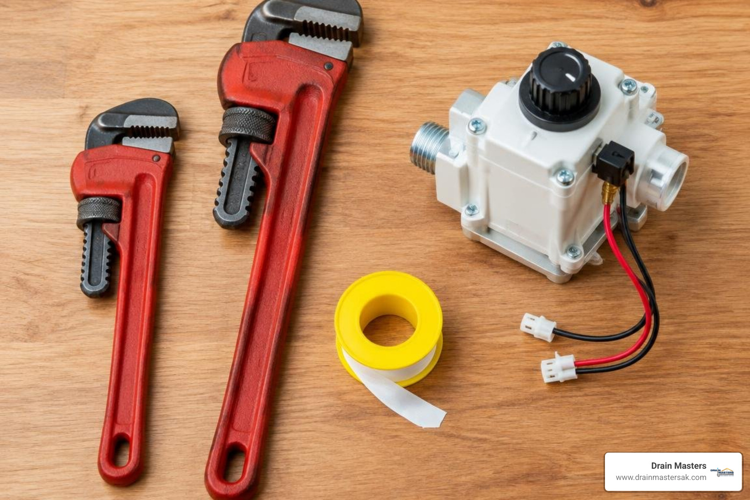 Pipe wrenches, thread sealant, and new water heater gas control valve