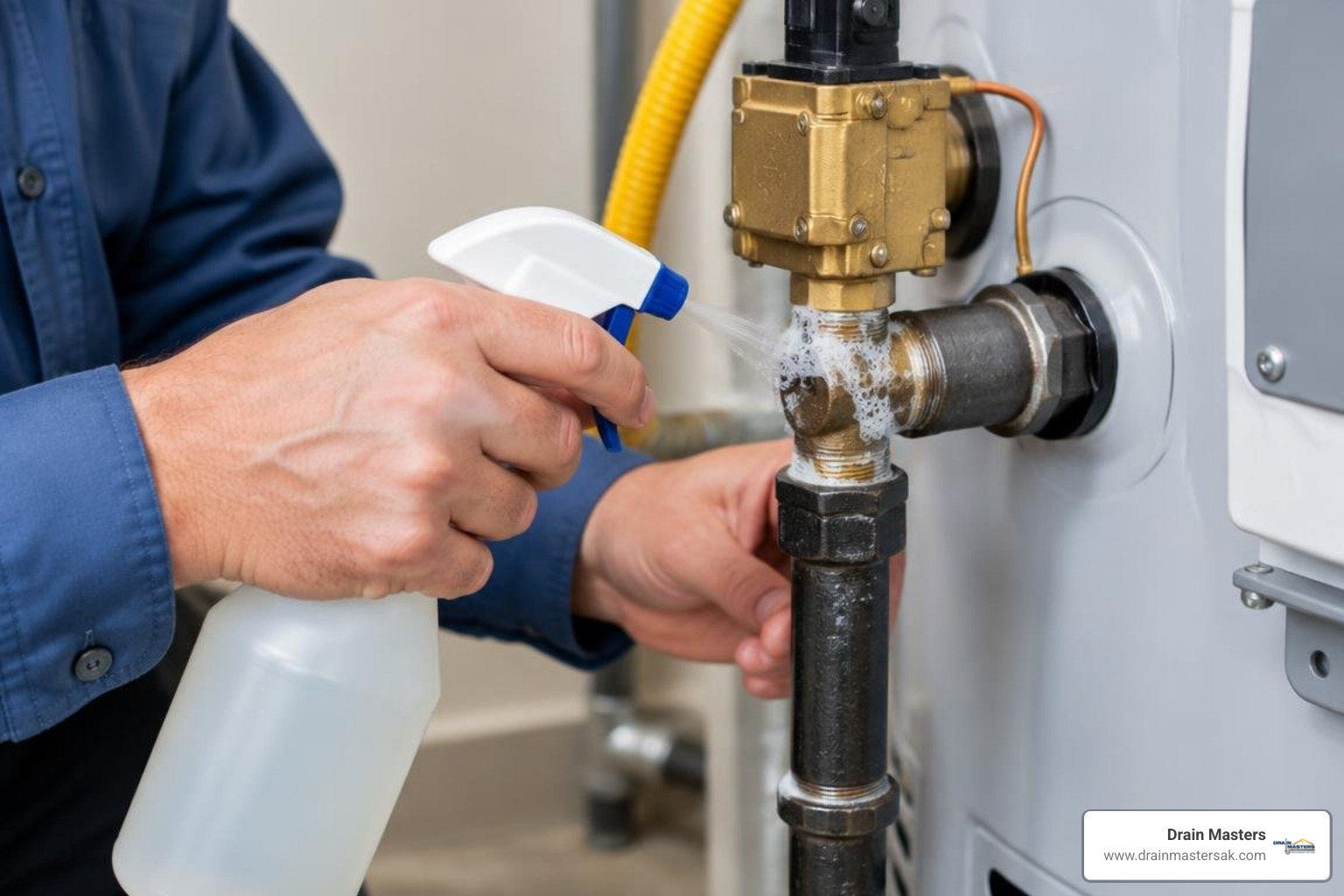 Applying soapy leak detection fluid to gas line fittings to check for bubbles