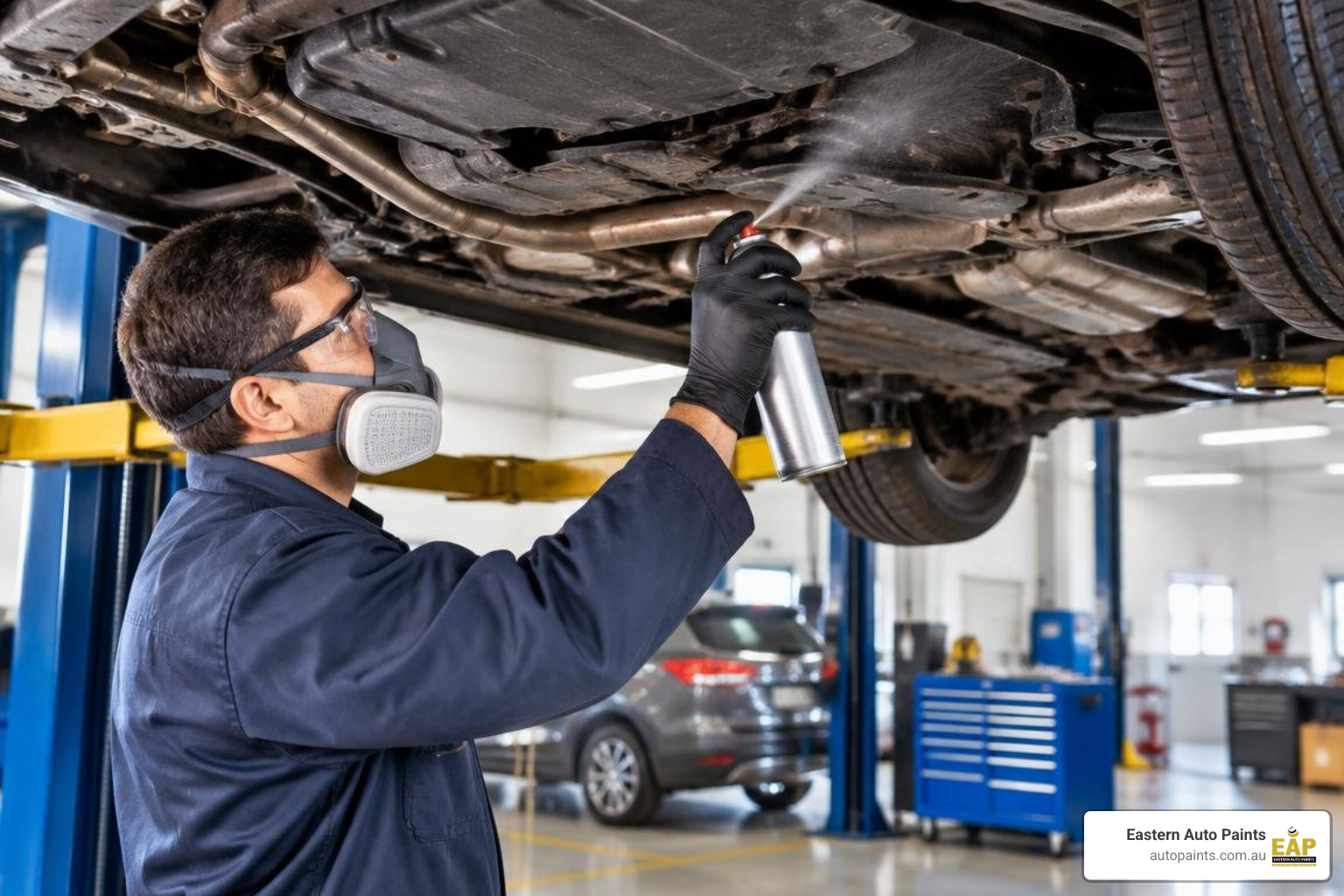 Underbody protective coatings being applied to steel chassis rails