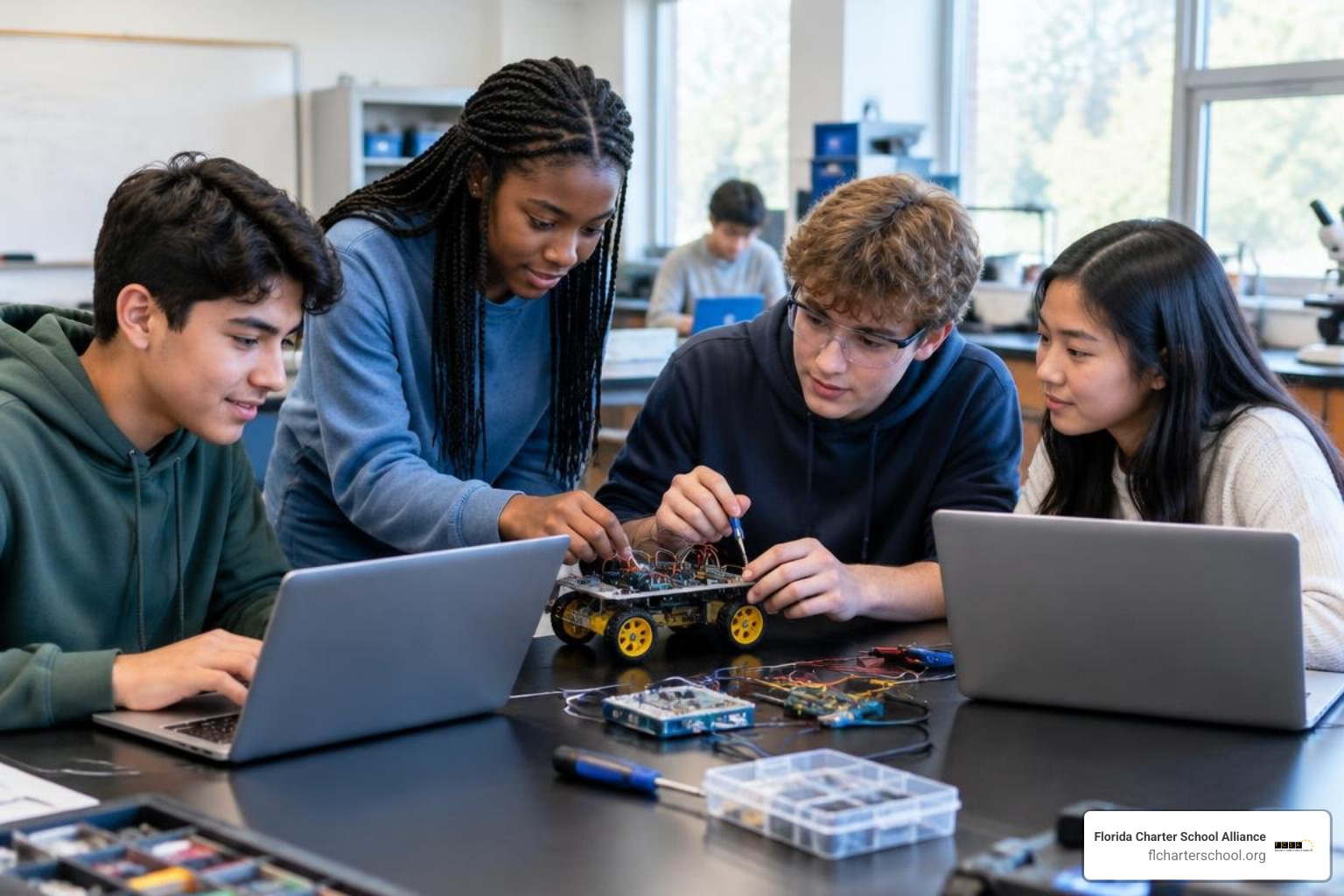 High school students collaborating in a modern STEM laboratory High school students collaborating in a modern STEM laboratory