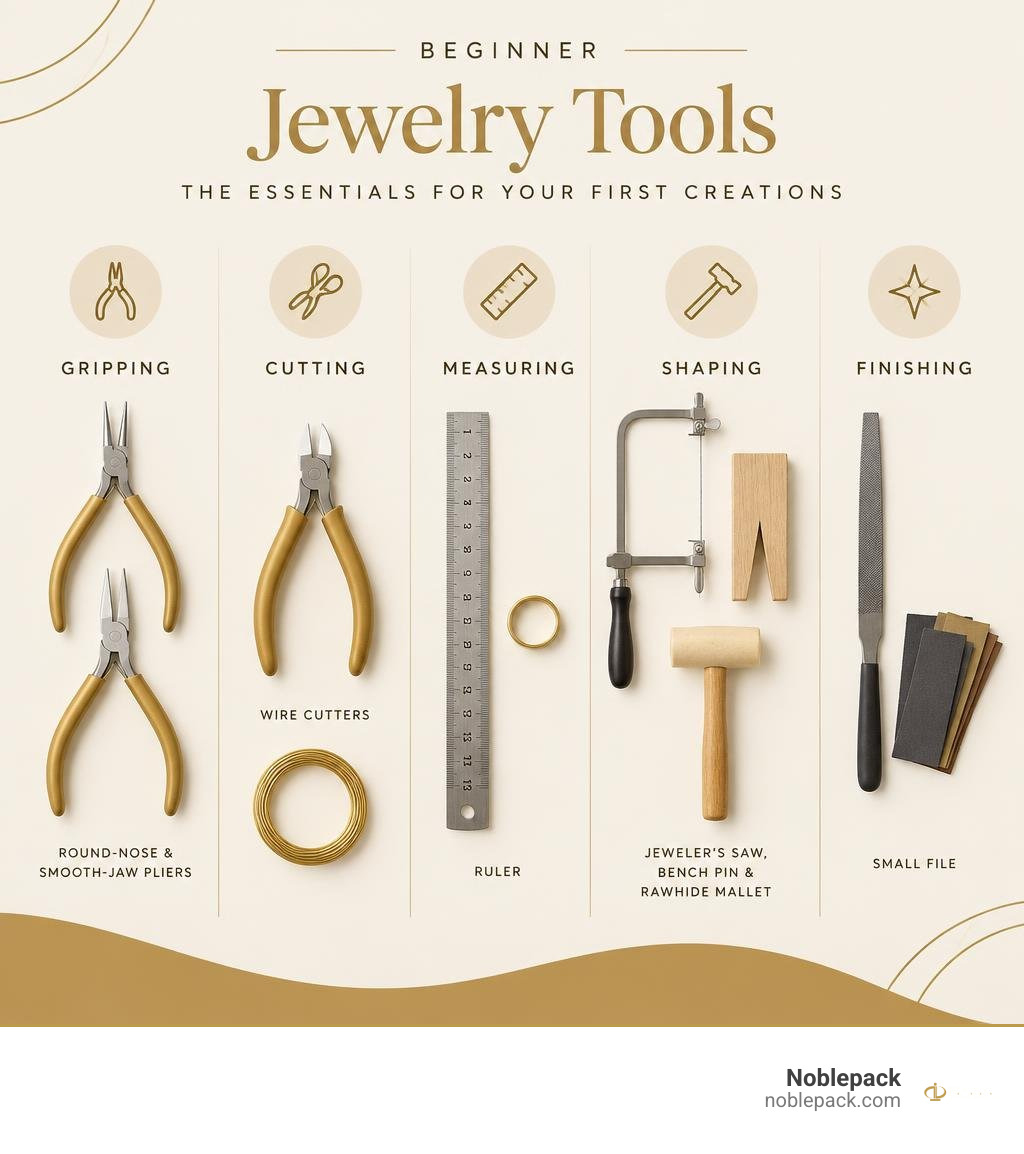Beginner jewelry tools grouped by gripping, cutting, measuring, shaping, and finishing infographic Beginner jewelry tools grouped by gripping, cutting, measuring, shaping, and finishing infographic