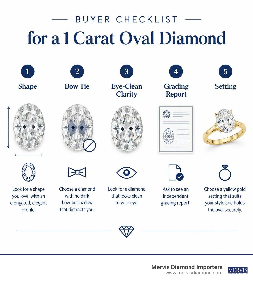 Buyer checklist for a 1 carat oval diamond: shape, bow tie, eye-clean clarity, grading report, and setting infographic Buyer checklist for a 1 carat oval diamond: shape, bow tie, eye-clean clarity, grading report, and setting infographic