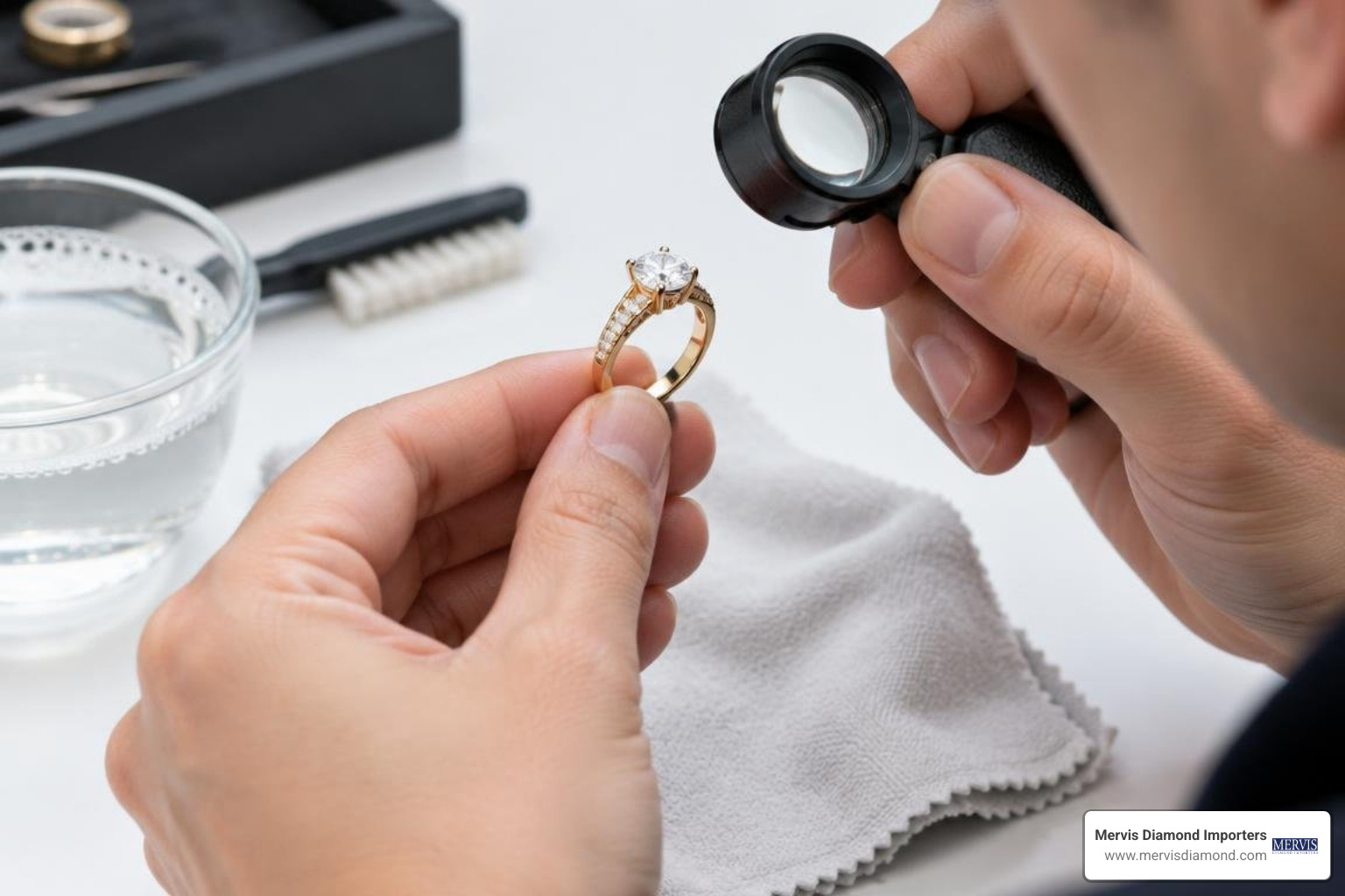 Professional inspection and cleaning of a yellow gold diamond ring Professional inspection and cleaning of a yellow gold diamond ring