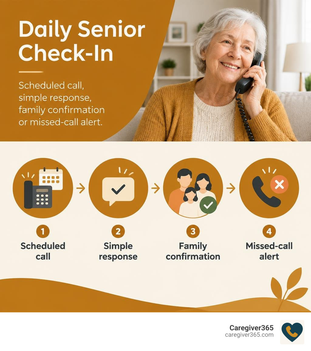 Daily senior check-in: scheduled call, simple response, family confirmation or missed-call alert infographic
