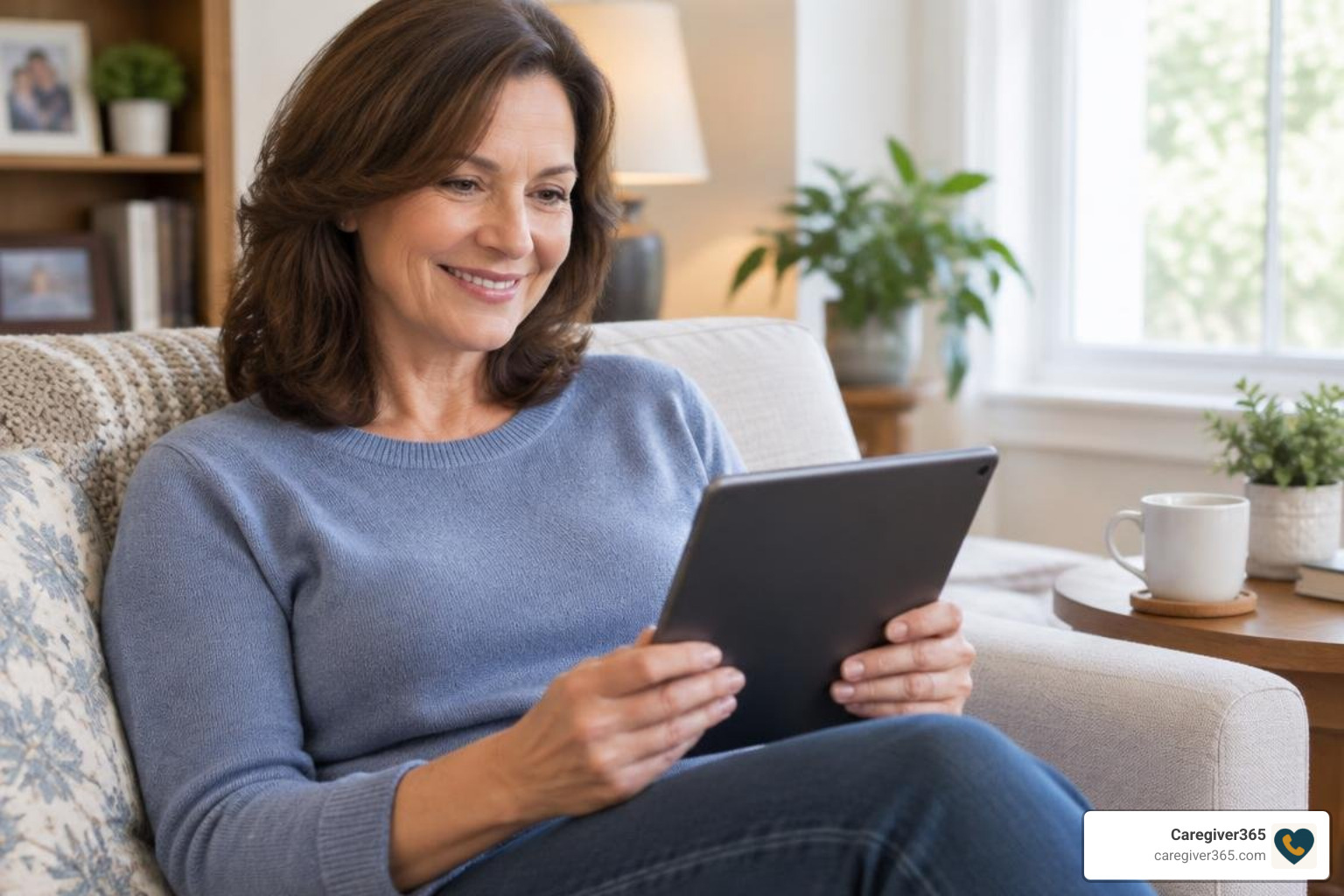 Family caregiver reviewing daily check-in status on a tablet