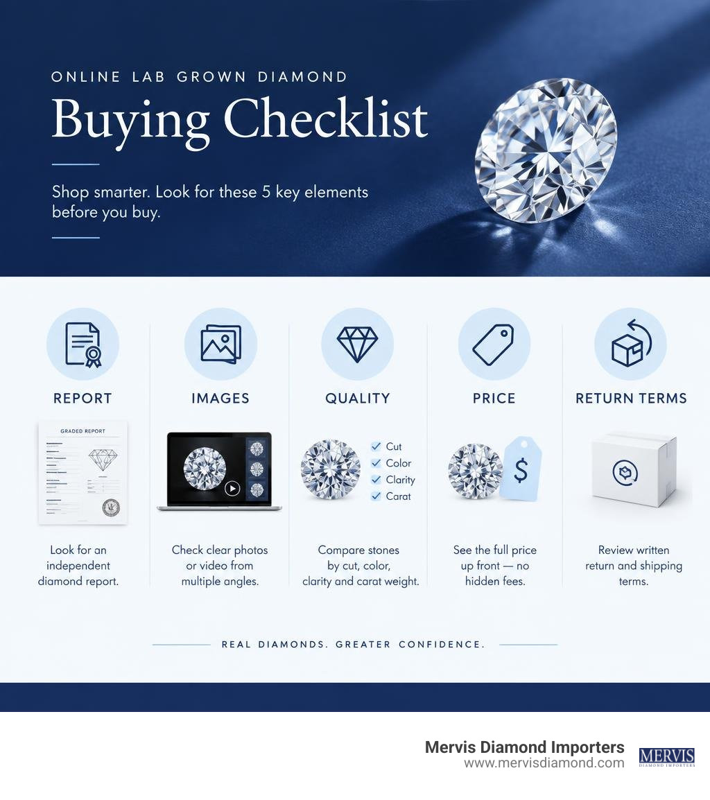 Online lab grown diamond buying checklist: report, images, quality, price, and return terms infographic Online lab grown diamond buying checklist: report, images, quality, price, and return terms infographic