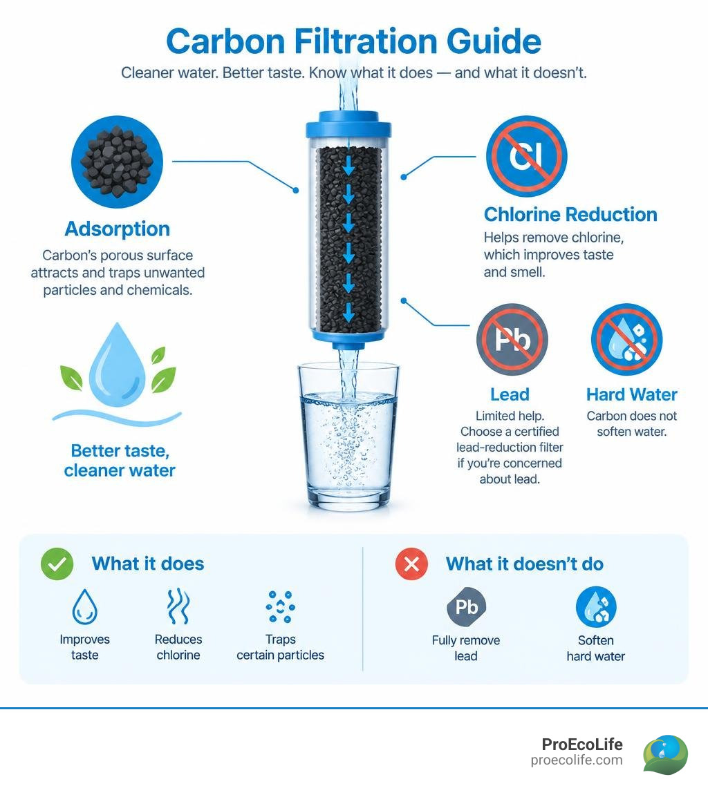 Carbon filtration guide showing adsorption, chlorine reduction, and limits for lead and hard water infographic Carbon filtration guide showing adsorption, chlorine reduction, and limits for lead and hard water infographic