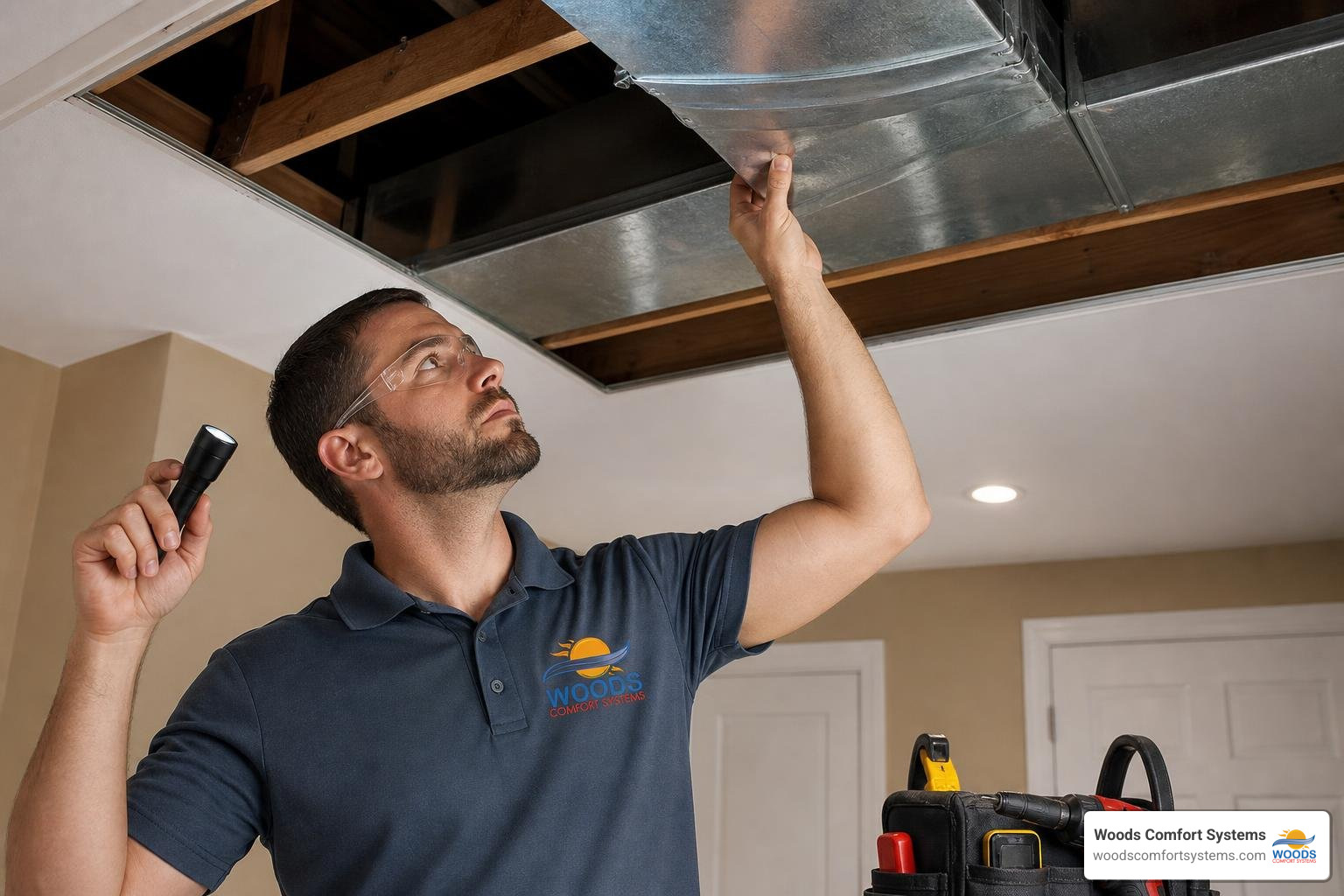 HVAC technician inspecting accessible ductwork during a home evaluation HVAC technician inspecting accessible ductwork during a home evaluation