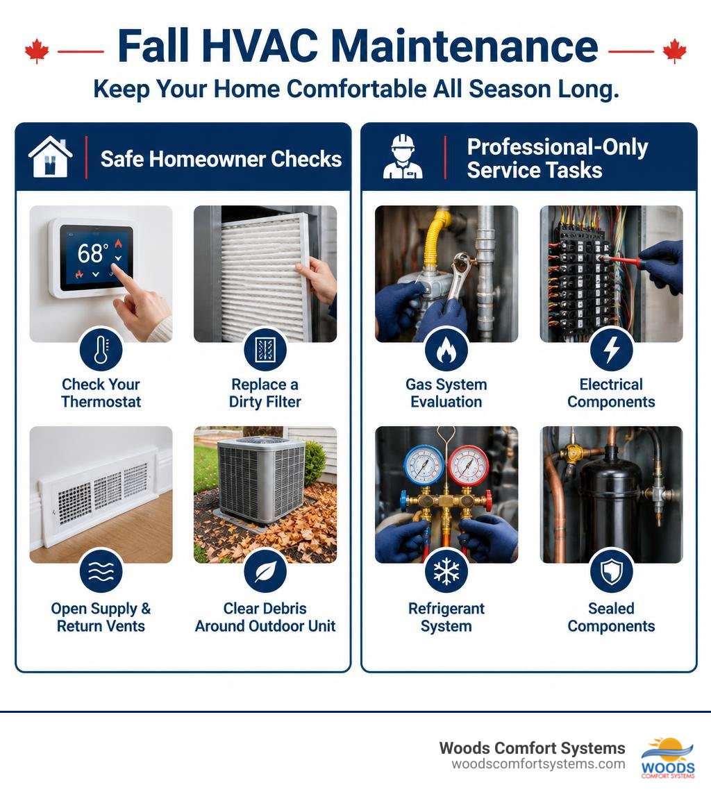 Fall HVAC maintenance infographic showing safe homeowner checks and professional-only service tasks infographic Fall HVAC maintenance infographic showing safe homeowner checks and professional-only service tasks infographic