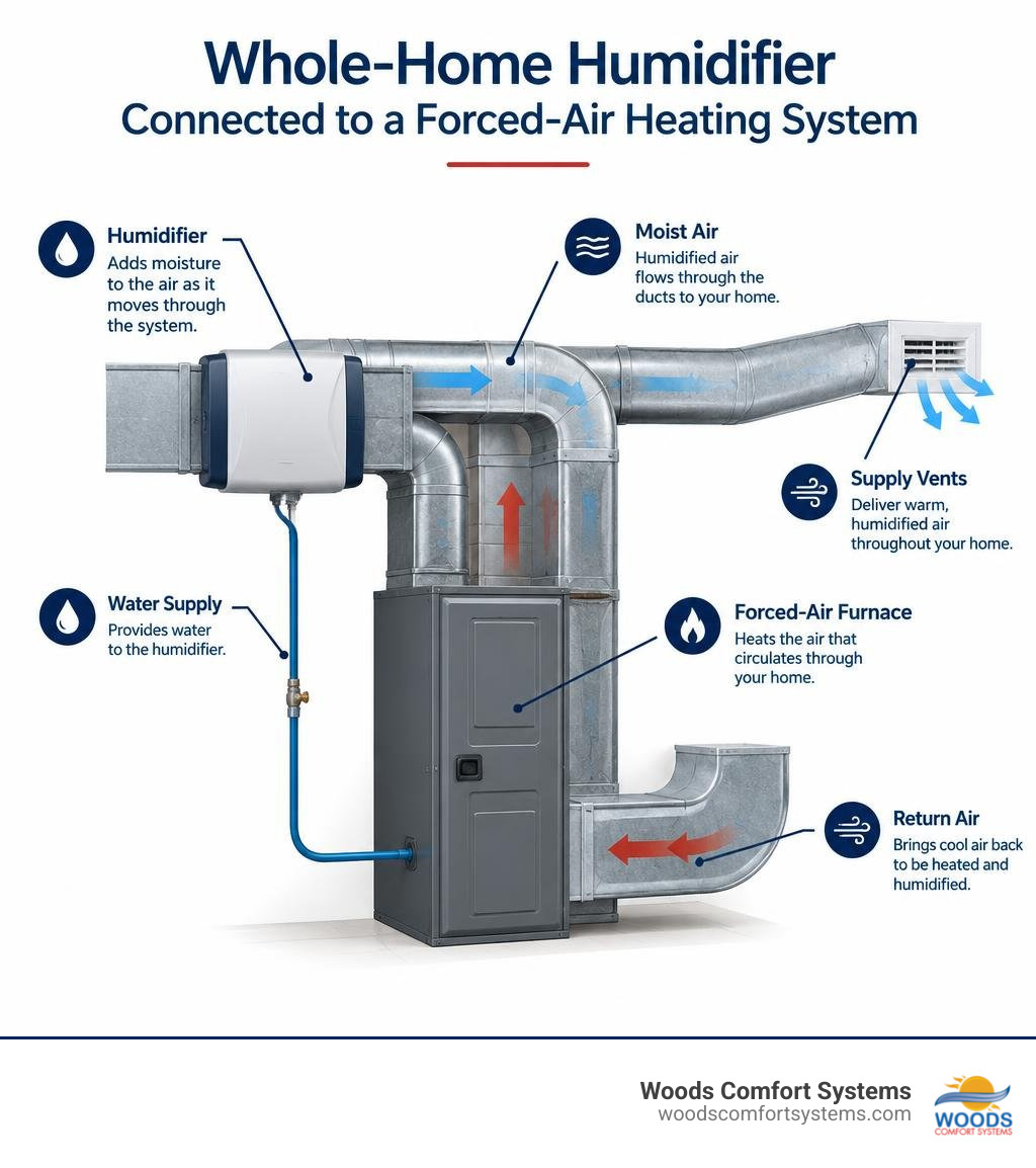 diagram showing a whole-home humidifier connected to a forced-air heating system diagram showing a whole-home humidifier connected to a forced-air heating system