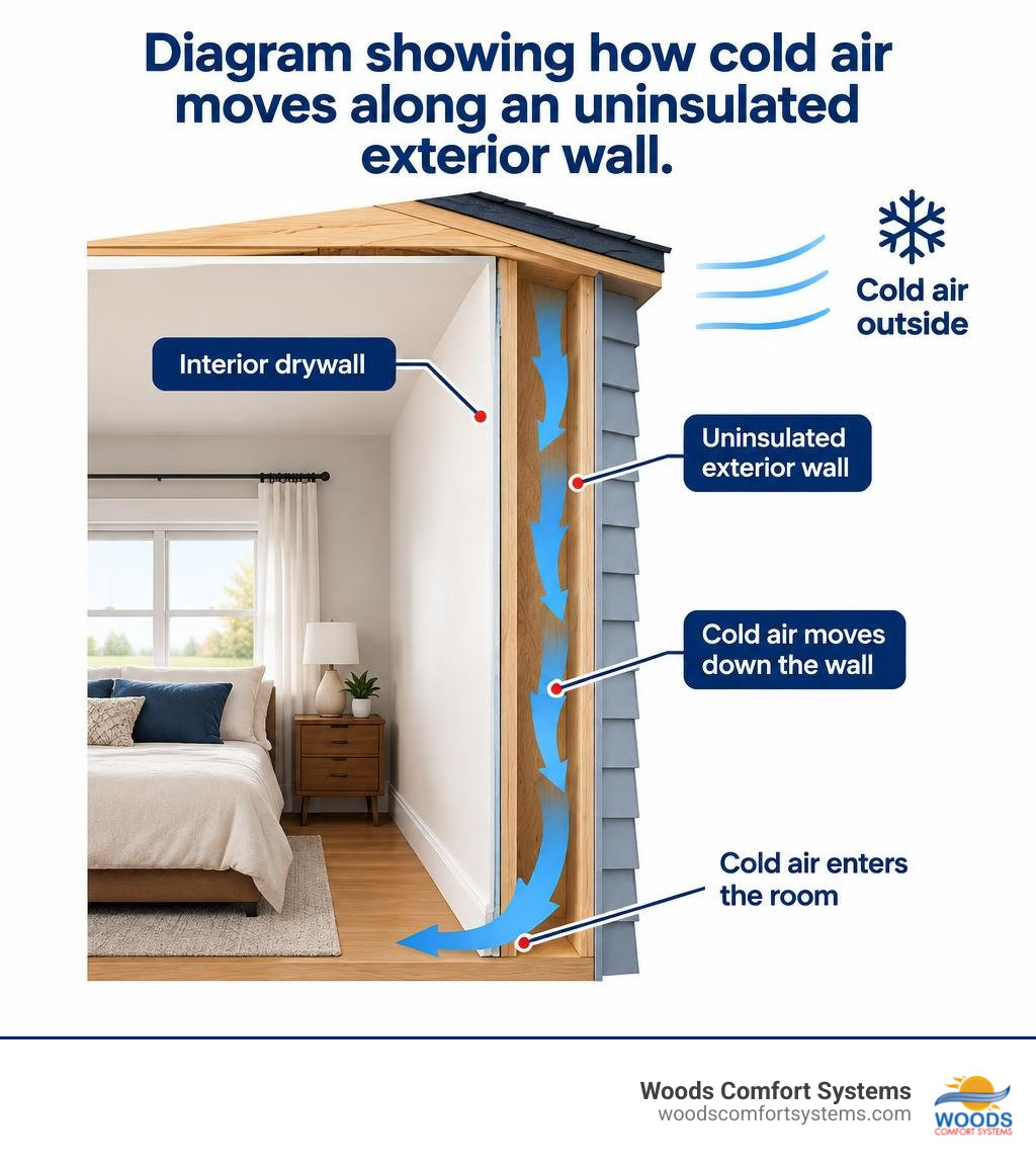 Diagram showing how cold air moves along an uninsulated exterior wall Diagram showing how cold air moves along an uninsulated exterior wall