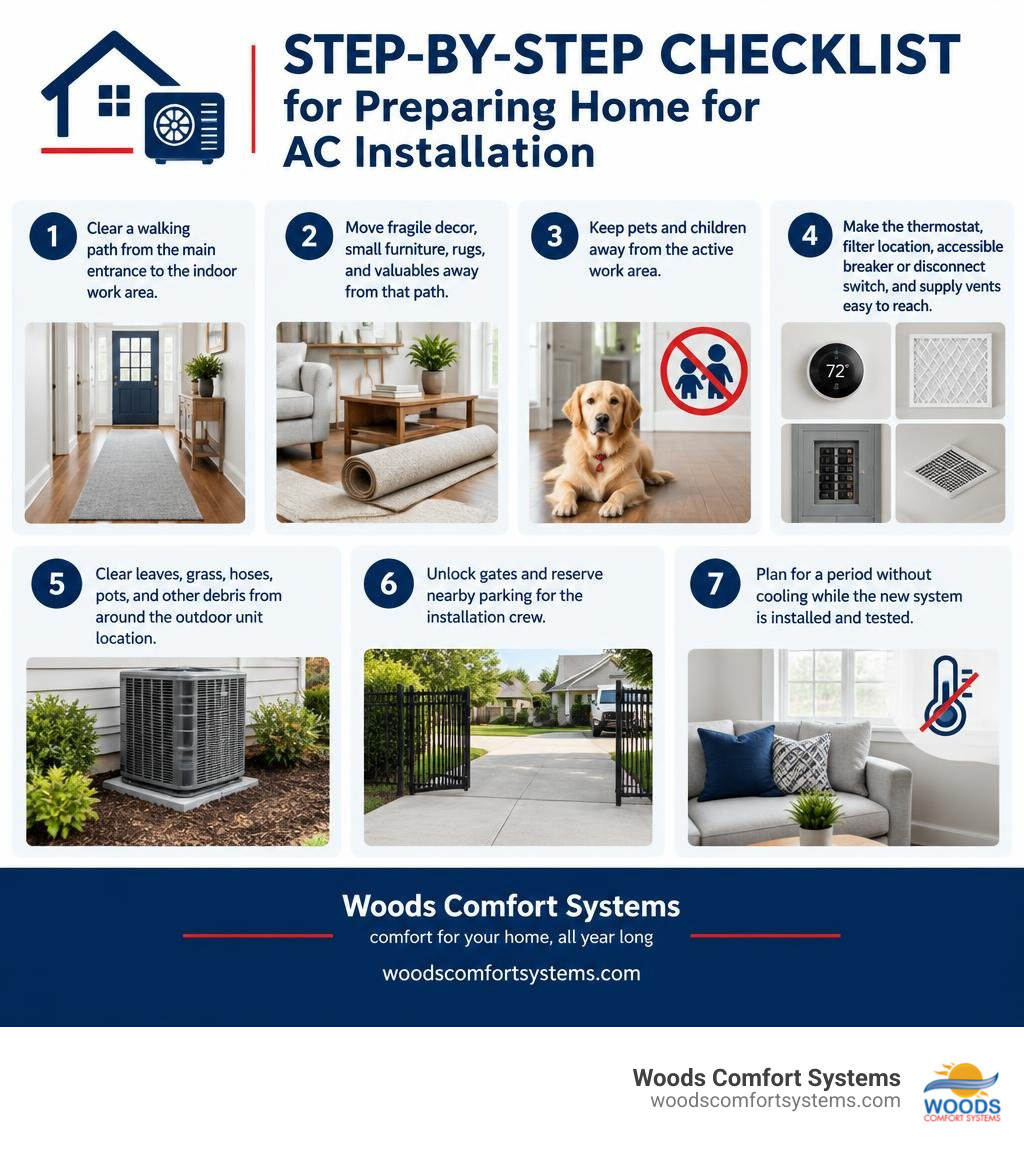 Step-by-step checklist infographic for preparing home for AC installation infographic