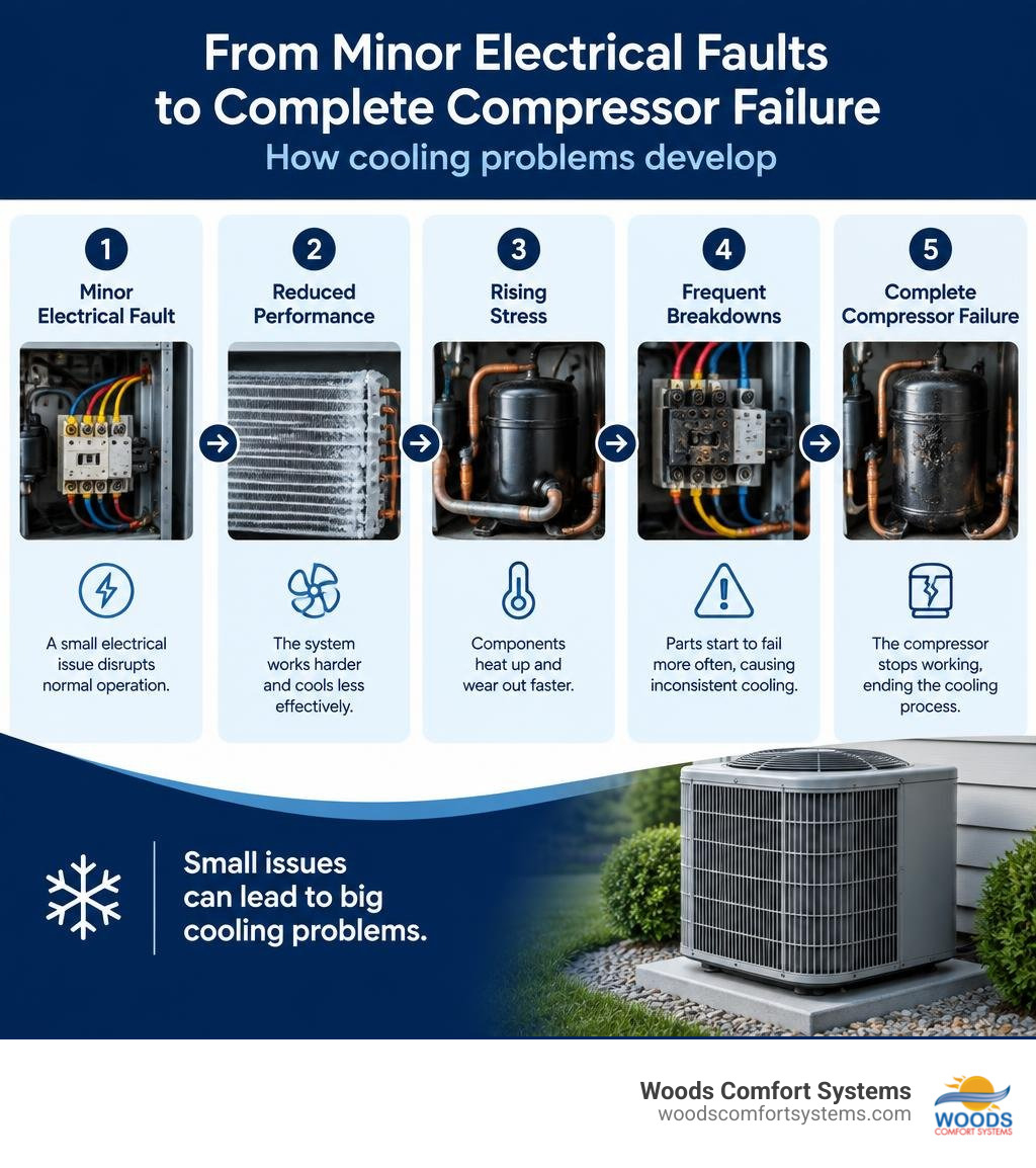 How cooling problems develop from minor electrical faults to complete compressor failure How cooling problems develop from minor electrical faults to complete compressor failure