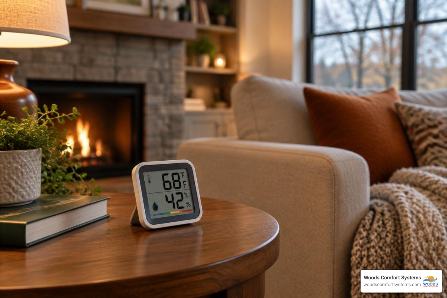 Humidity monitor on a side table in a Central Texas living room in winter Humidity monitor on a side table in a Central Texas living room in winter