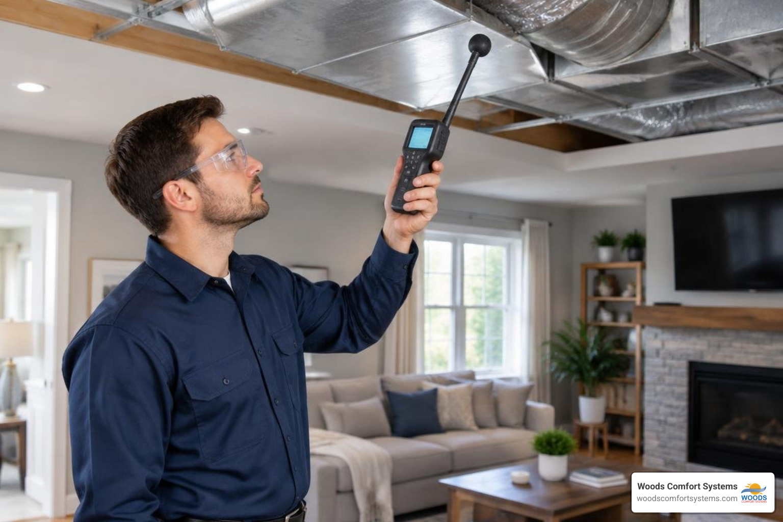 technician performing an indoor air quality inspection on heating ductwork technician performing an indoor air quality inspection on heating ductwork