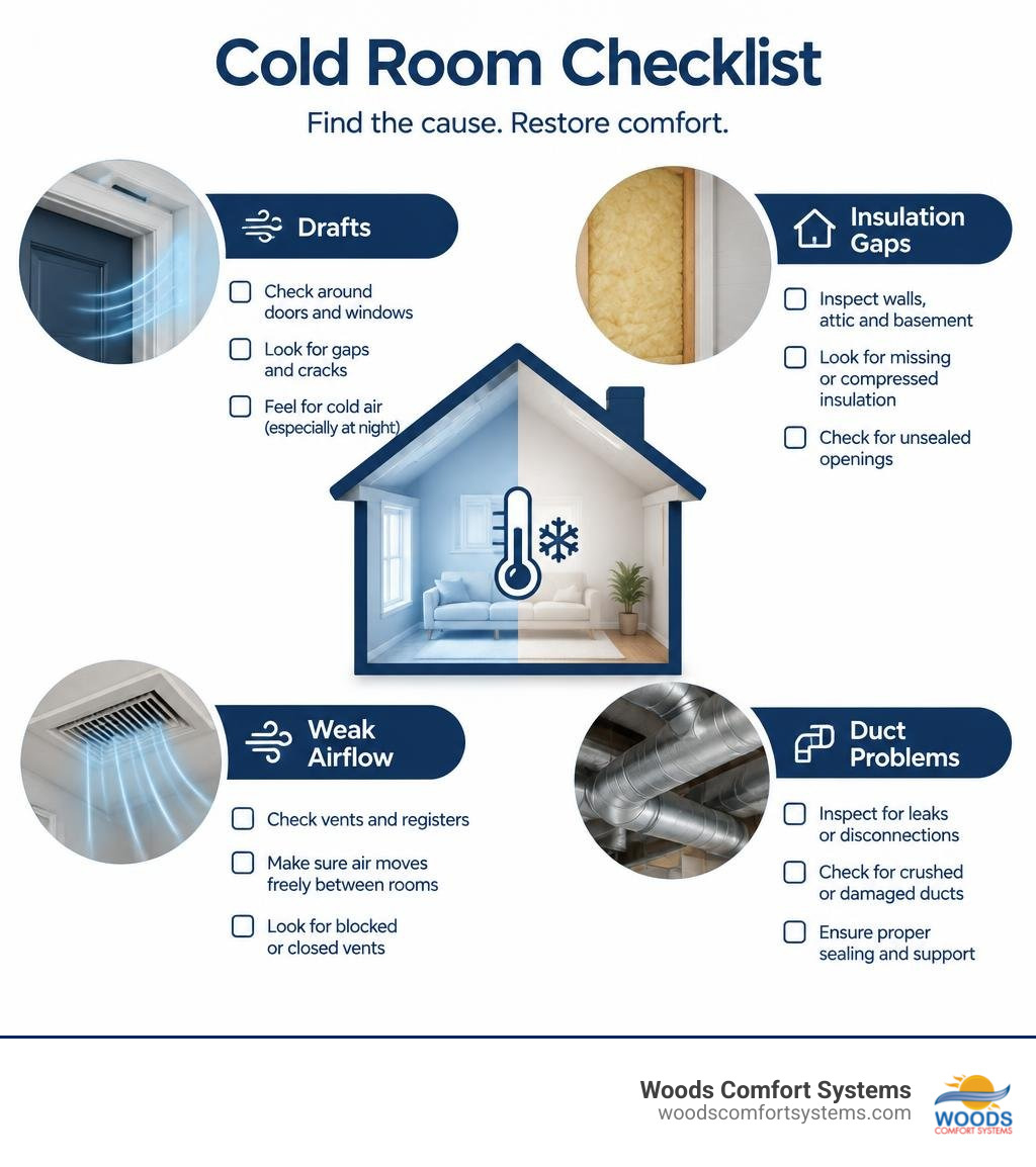 cold room checklist comparing drafts and insulation gaps with weak airflow and duct problems infographic cold room checklist comparing drafts and insulation gaps with weak airflow and duct problems infographic