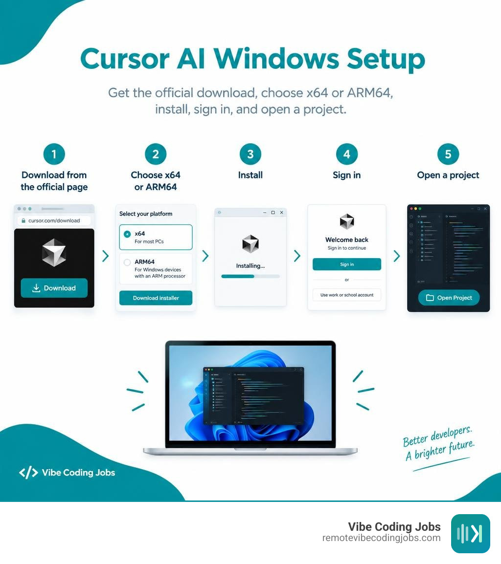 Cursor AI Windows setup: official download, choose x64 or ARM64, install, sign in, open a project infographic