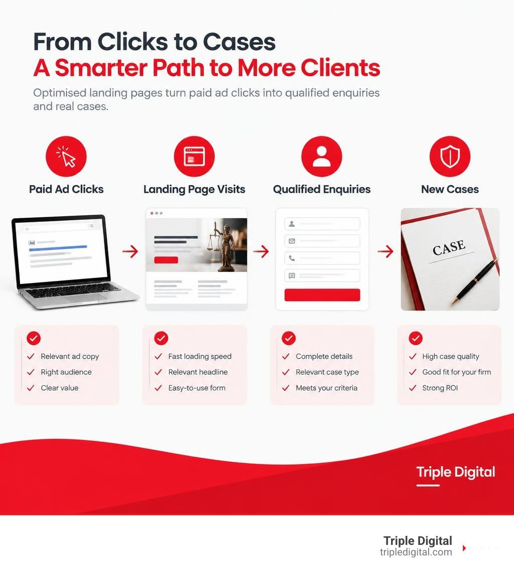 paid ad clicks, landing page visits, qualified enquiries, and new cases, with key checks at each stage infographic paid ad clicks, landing page visits, qualified enquiries, and new cases, with key checks at each stage infographic