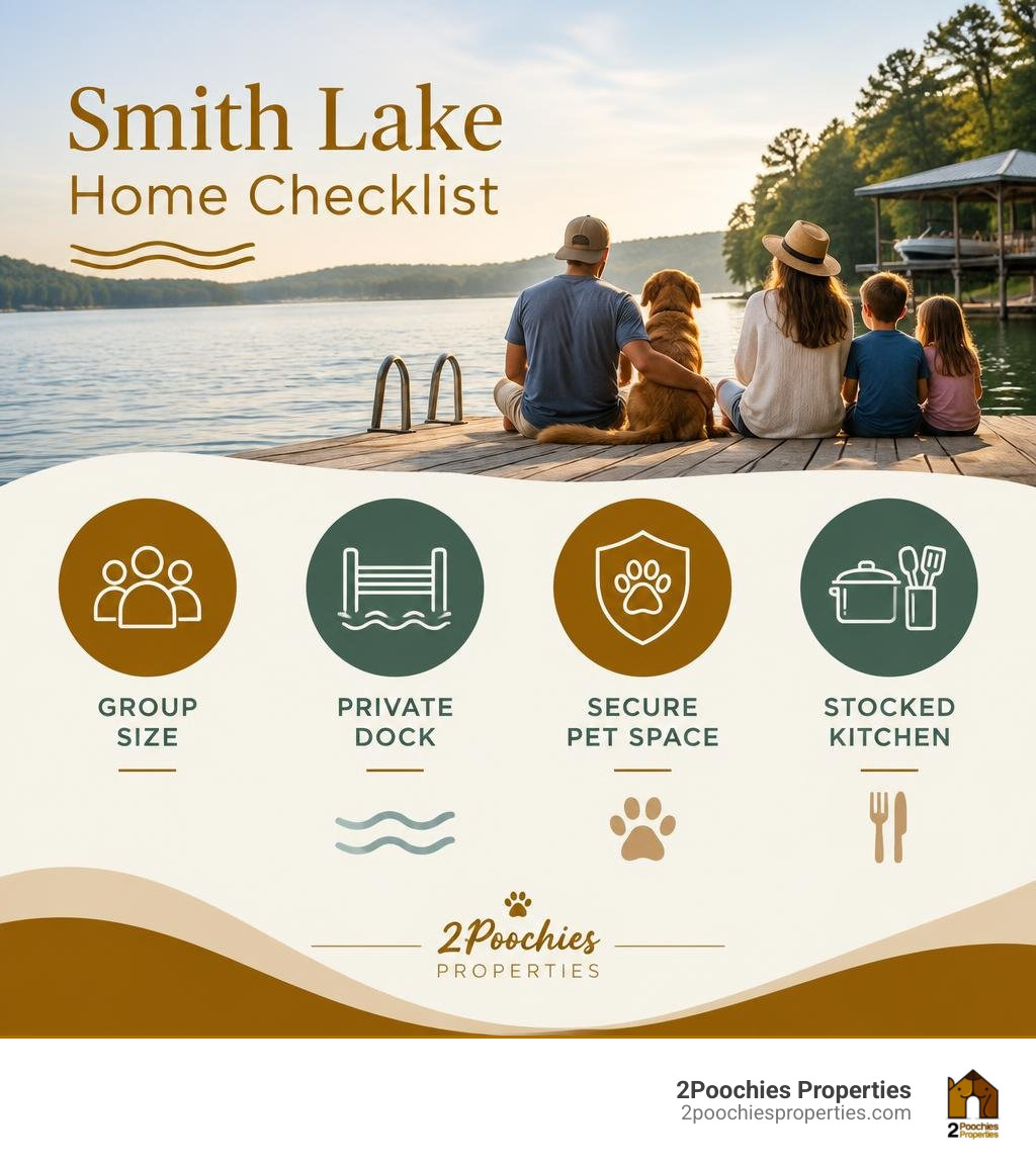Smith Lake home checklist: group size, private dock, secure pet space, stocked kitchen infographic