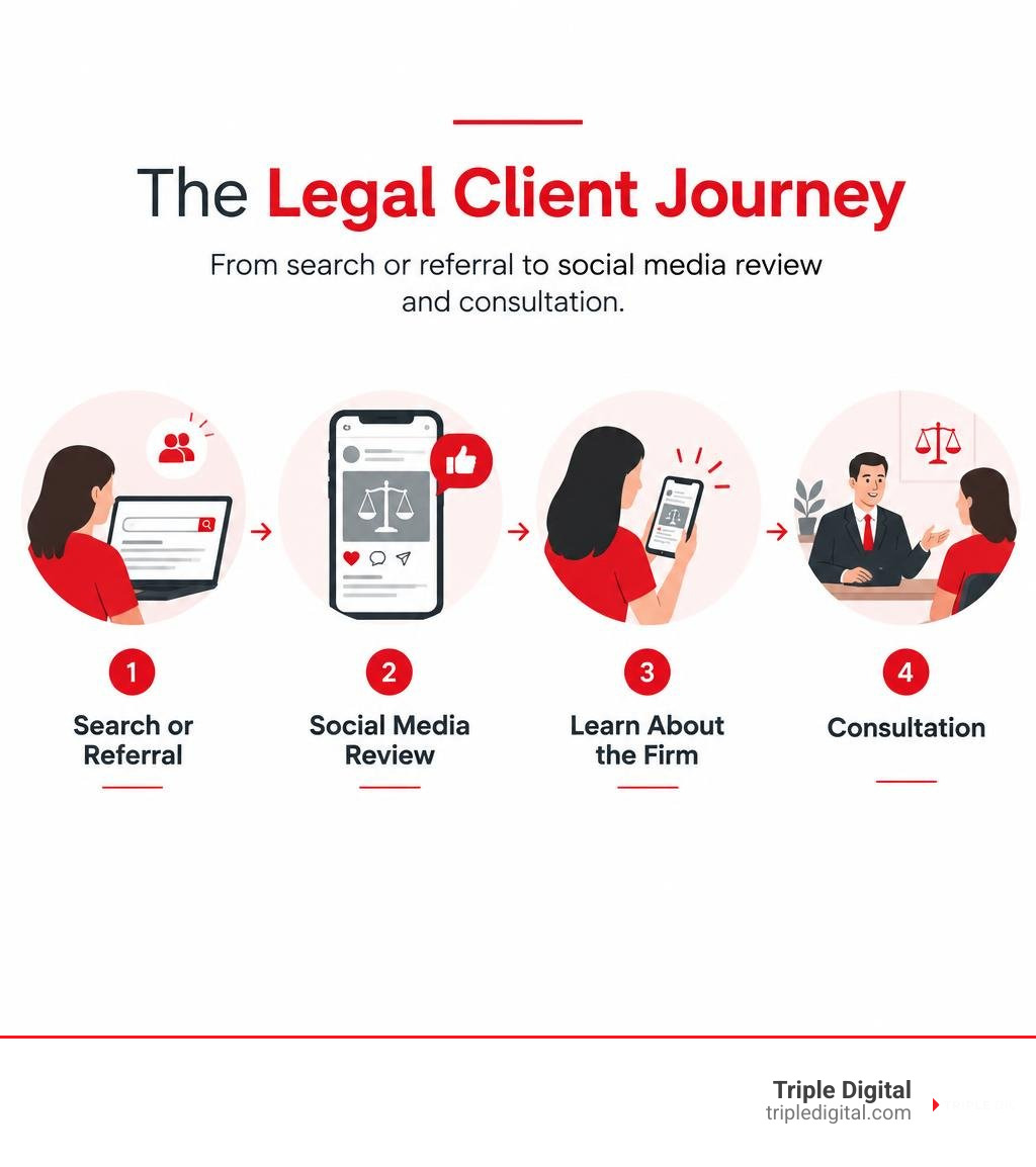 Legal client journey from search or referral to social media review and consultation infographic