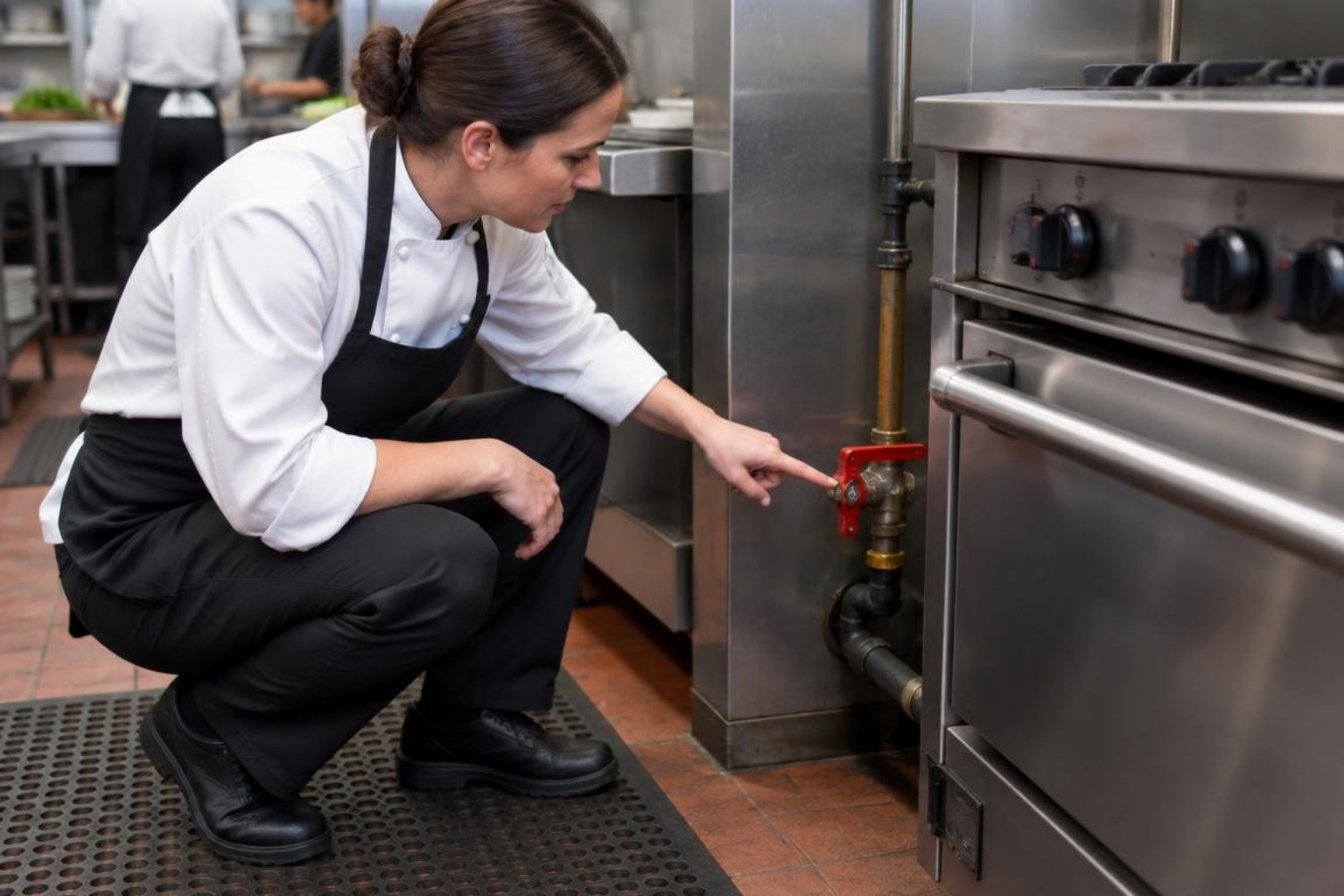 Kitchen manager locating the commercial equipment gas shutoff valve Kitchen manager locating the commercial equipment gas shutoff valve