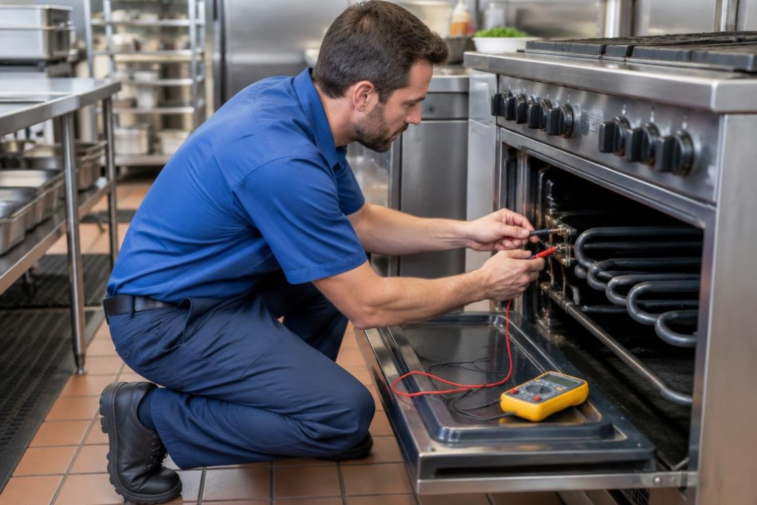 Appliance technician checking heating elements with a multimeter Appliance technician checking heating elements with a multimeter