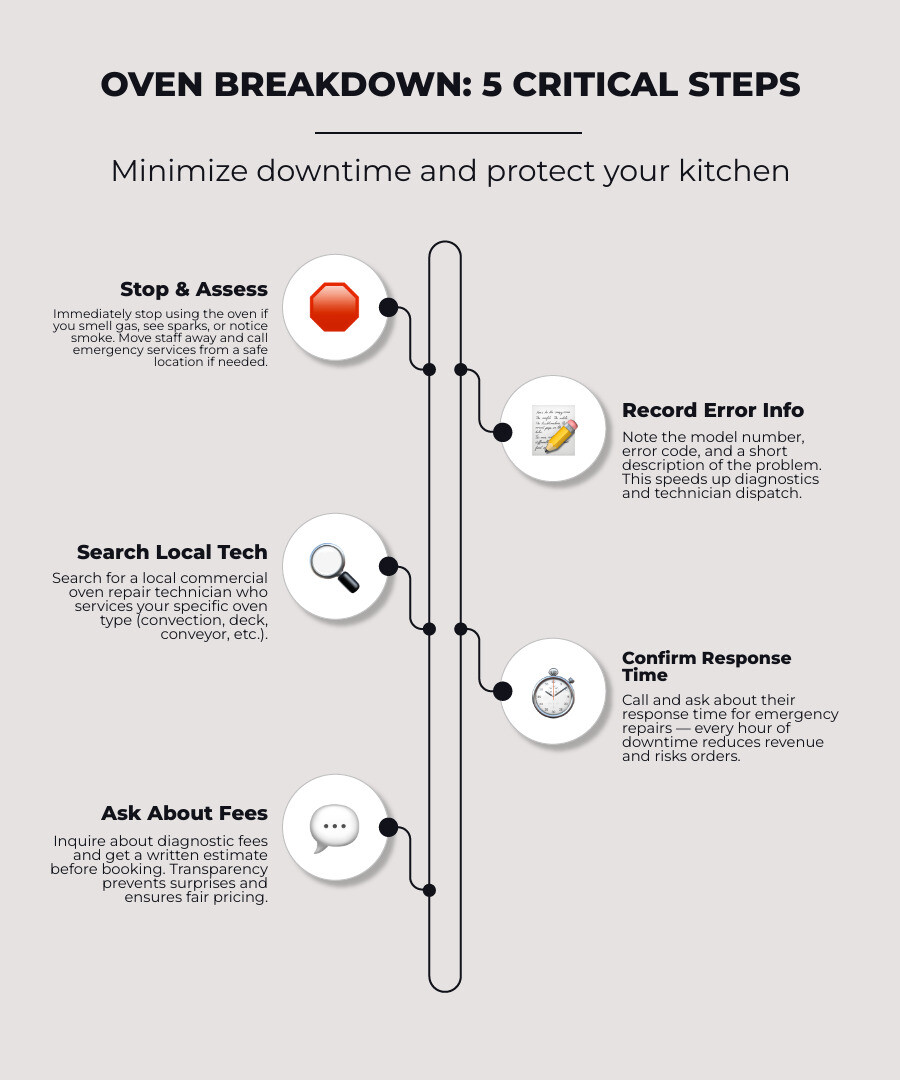 Immediate steps to take during a commercial oven breakdown: check safety, record symptoms, find a qualified technician Immediate steps to take during a commercial oven breakdown: check safety, record symptoms, find a qualified technician