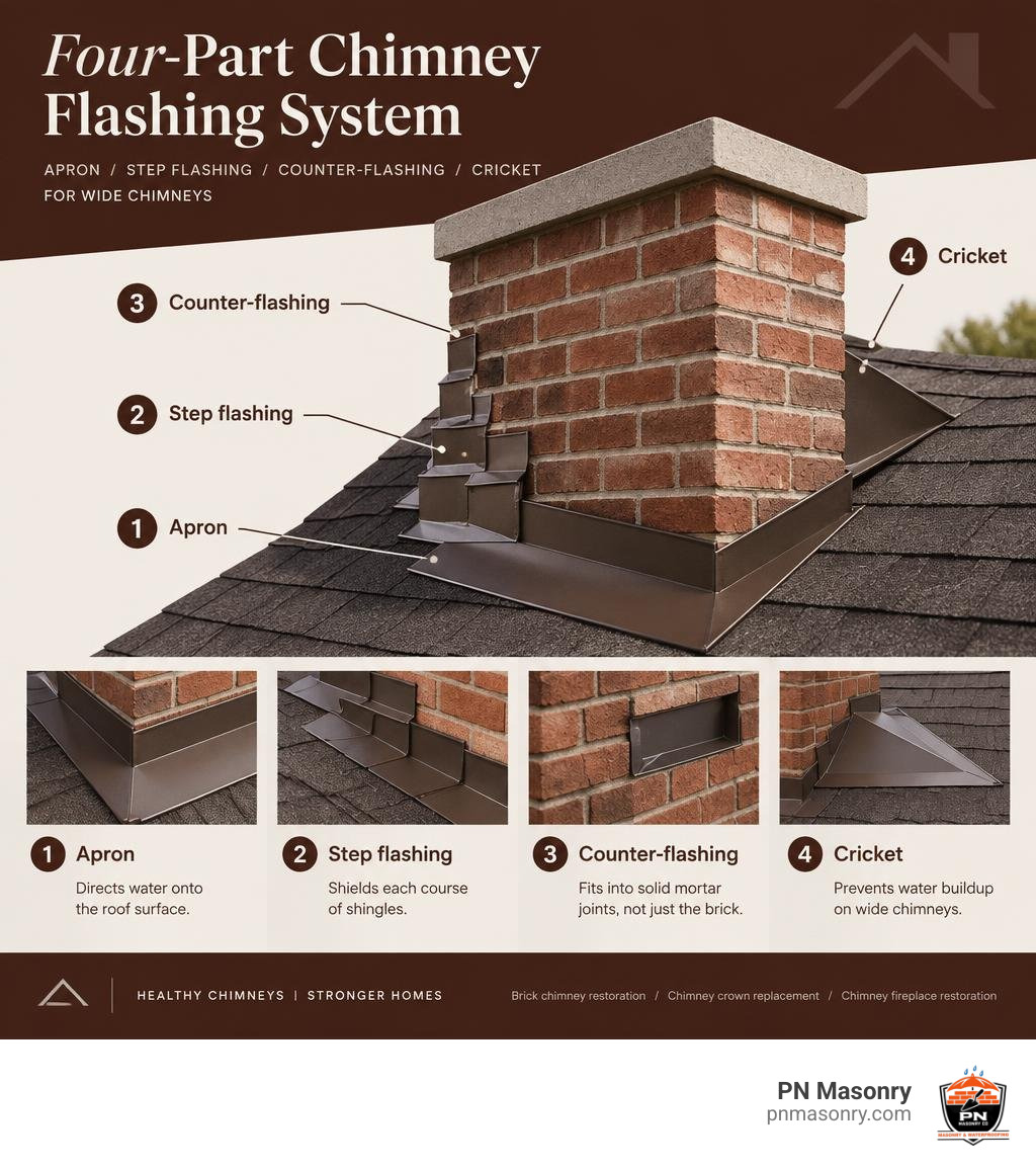 Four-part chimney flashing system: apron, step flashing, counter-flashing, and a cricket for wide chimneys infographic Four-part chimney flashing system: apron, step flashing, counter-flashing, and a cricket for wide chimneys infographic